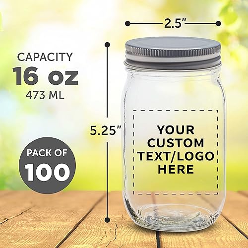 Miniatura 5 de Discount Promos Tarros Mason personalizados con tapas, 16 onzas, juego de 100 unidades, paquete personalizado a granel, tarros de vidrio para avena