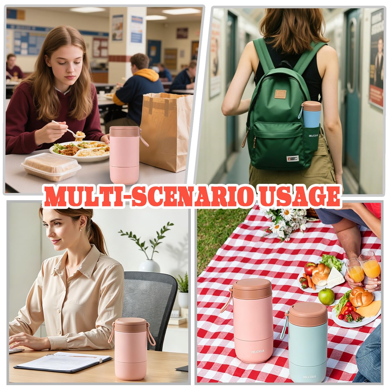 2 Stk Müslibecher To Go mit Deckel, PP-Material Porridge Becher 730ml Auslaufsicher Joghurtbecher to go mit Löffel, Doppelschicht Auslaufsicherer Einmachgläser Perfekt für Arbeit Schule Picknick