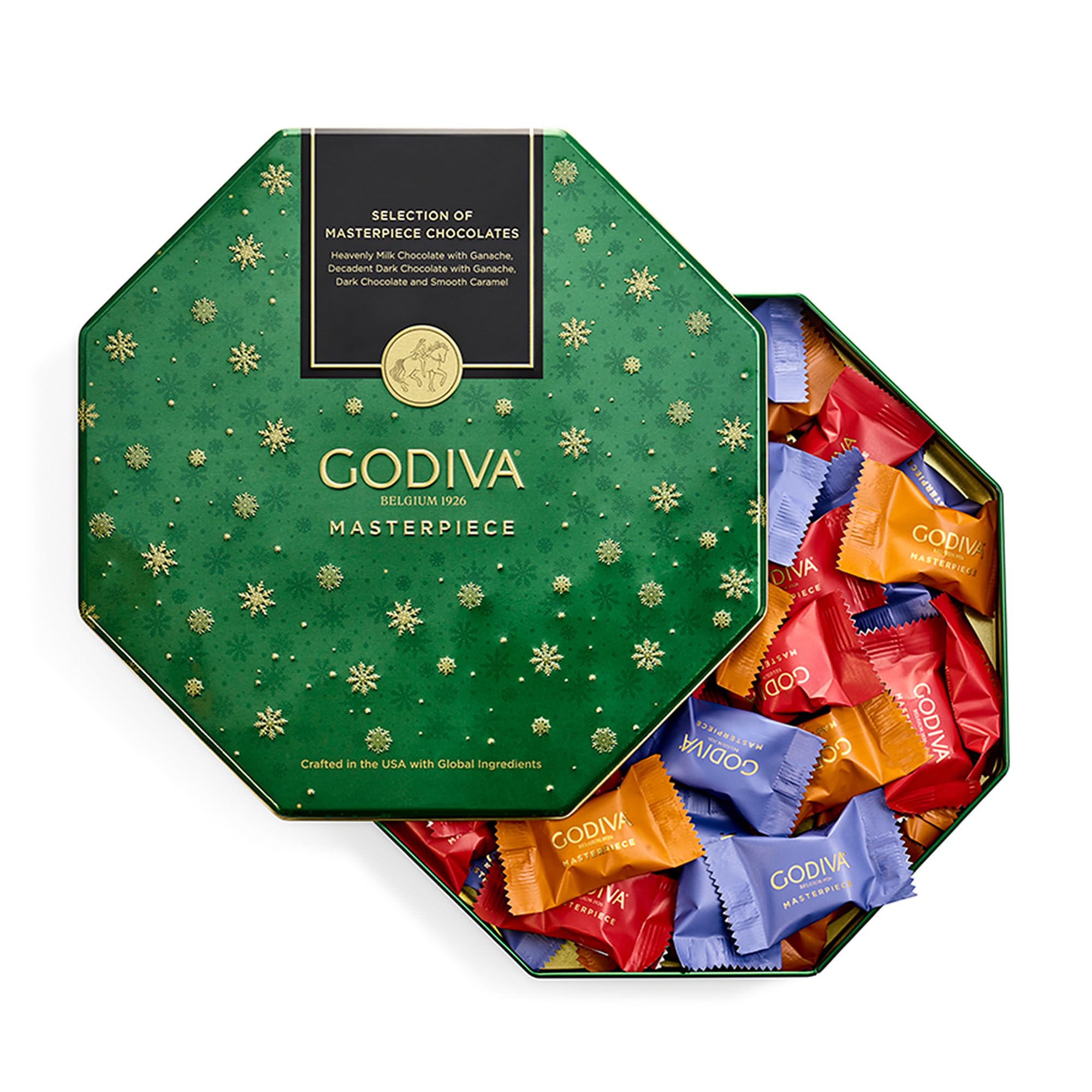 Godiva Holiday Masterpiece Gift Tin, Assorted Milk & Dark Chocolates with Ganache and Caramel, Gourmet Christmas Gift, Kosher & Halal, 50 Pc, 1.5 lbs