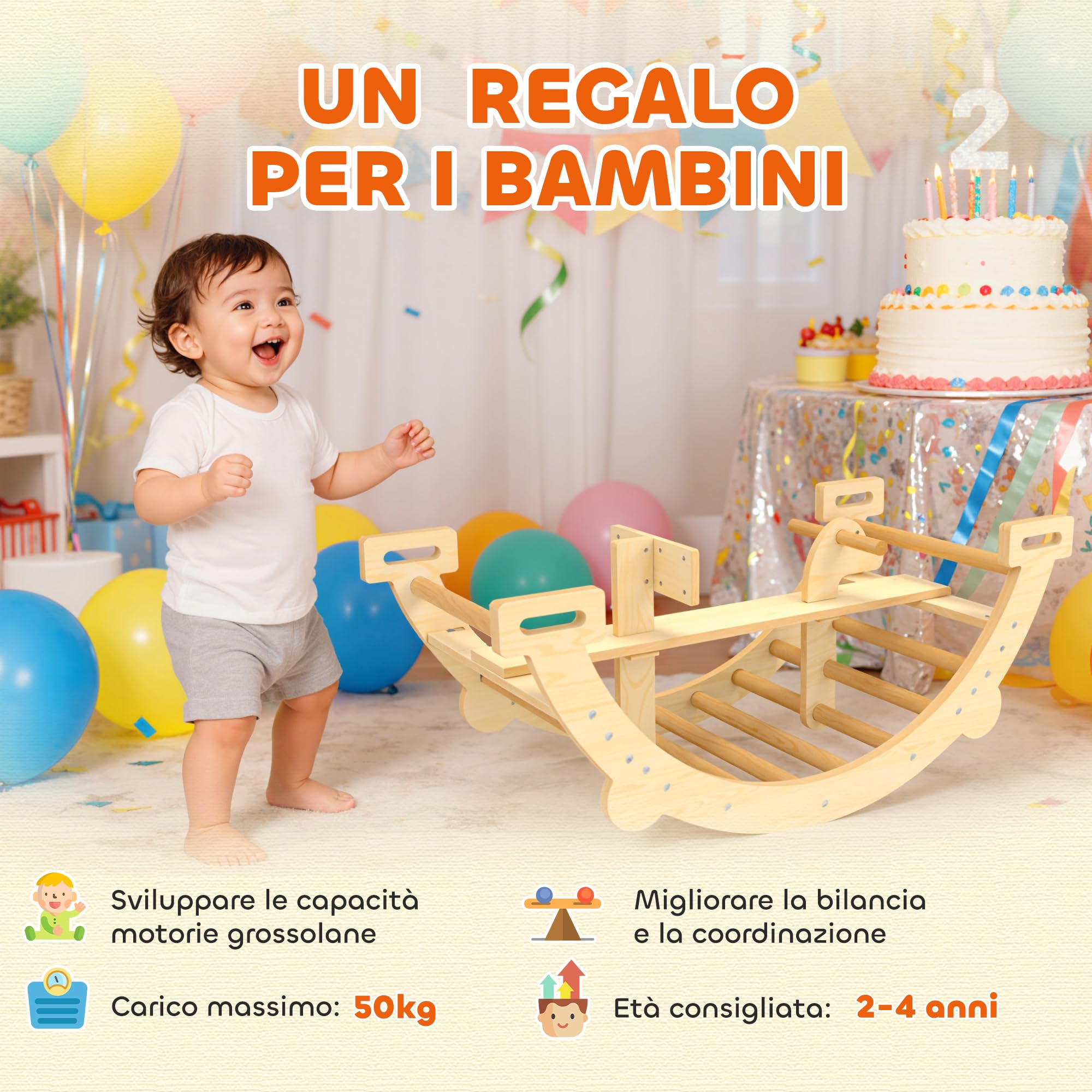 AIYAPLAY Arco Montessori per Bambini 2-4 Anni Convertibile in Dondolo, Gioco Arrampicata in Legno, 110x52x45 cm, color Legno