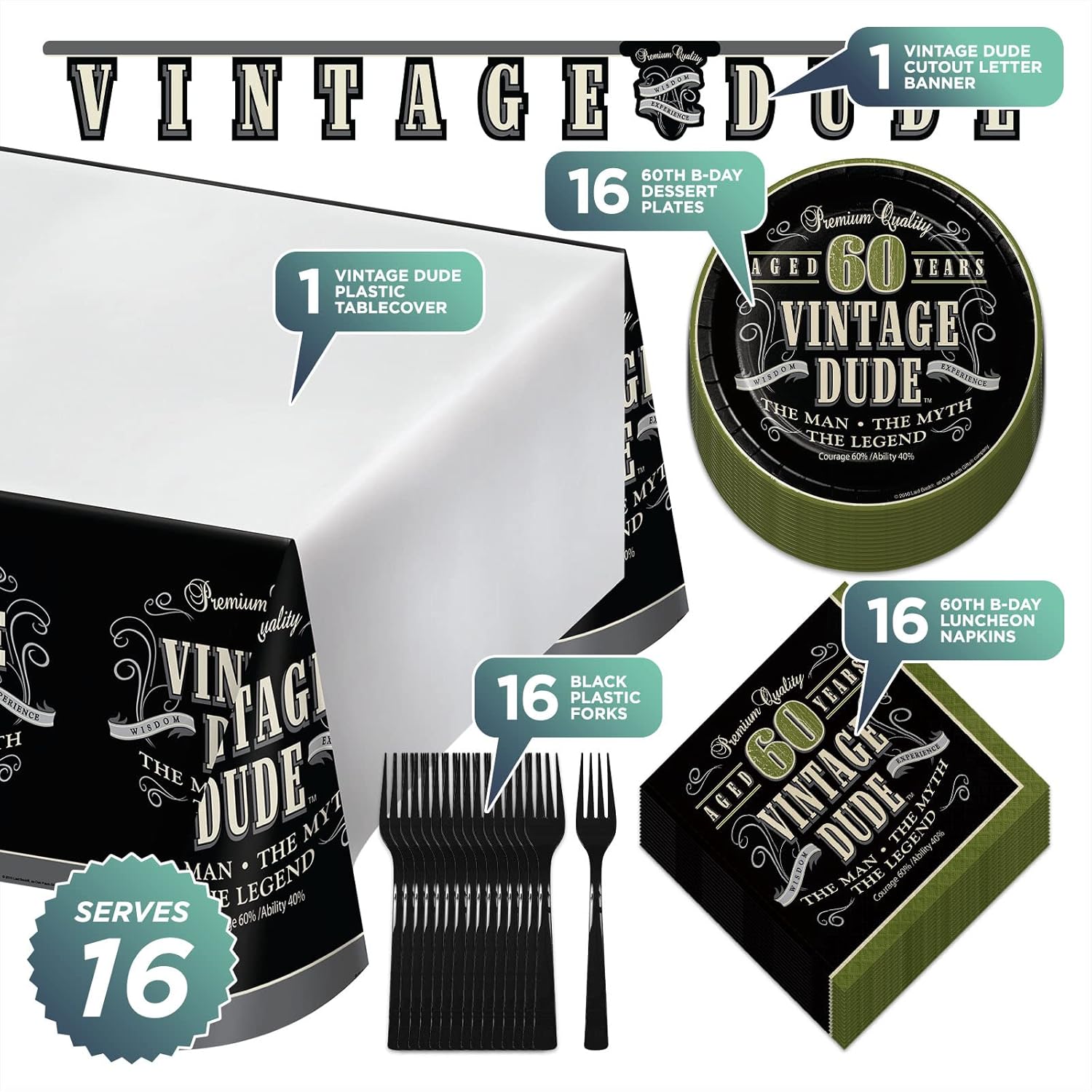 Old Man Vintage Dude 60th Birthday Party Paper Dessert Plates, Napkins, Forks, Table Cover, and Banner Set (Serves 16)