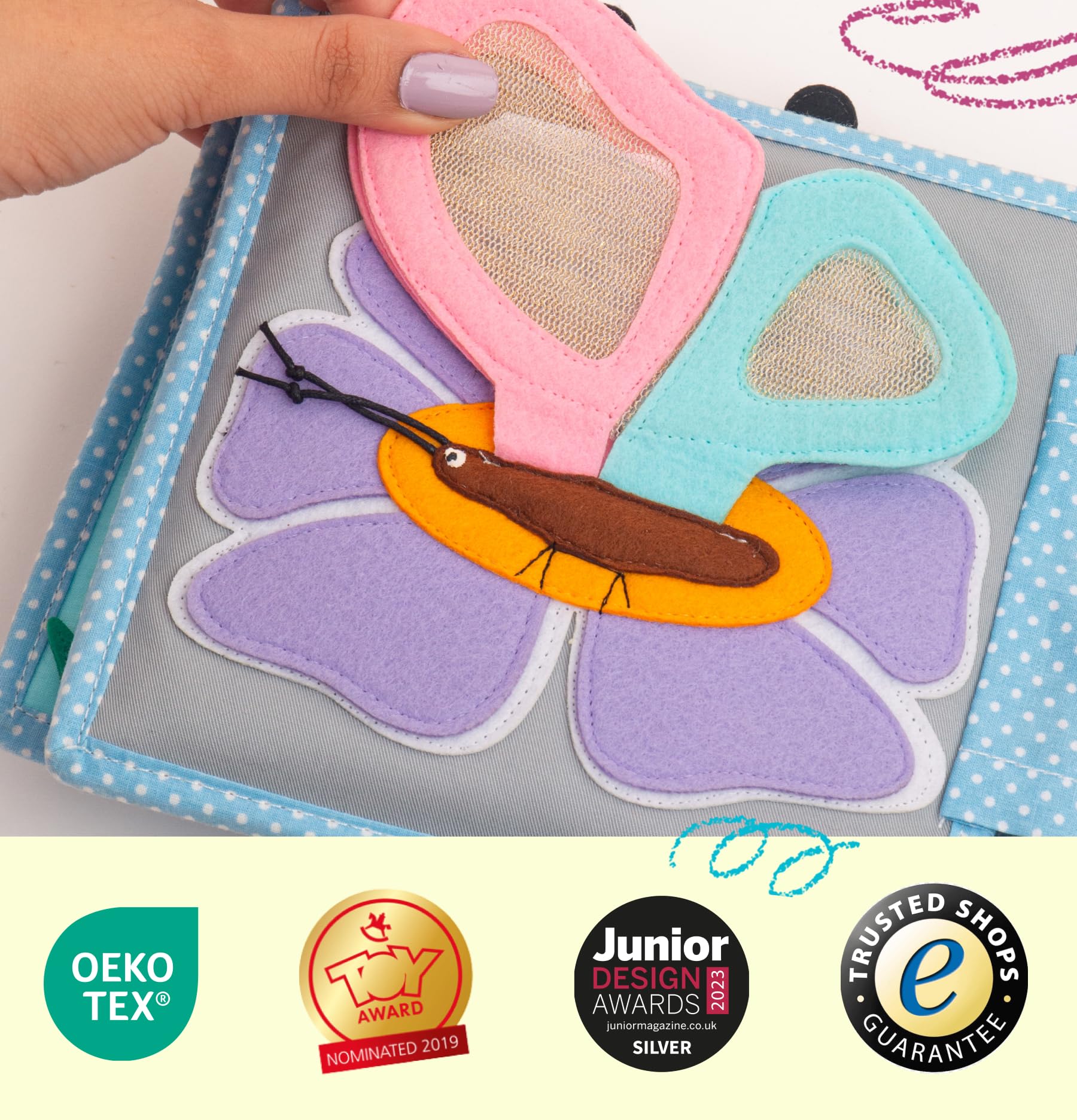 Jolly Designs – Piccola ape – Mini Quiet Book – Montessori Giocattoli a partire dai 6 mesi – Promuovere le capacità motorie e sensoriali – Libro in feltro fatto a mano – Giocattolo educativo per