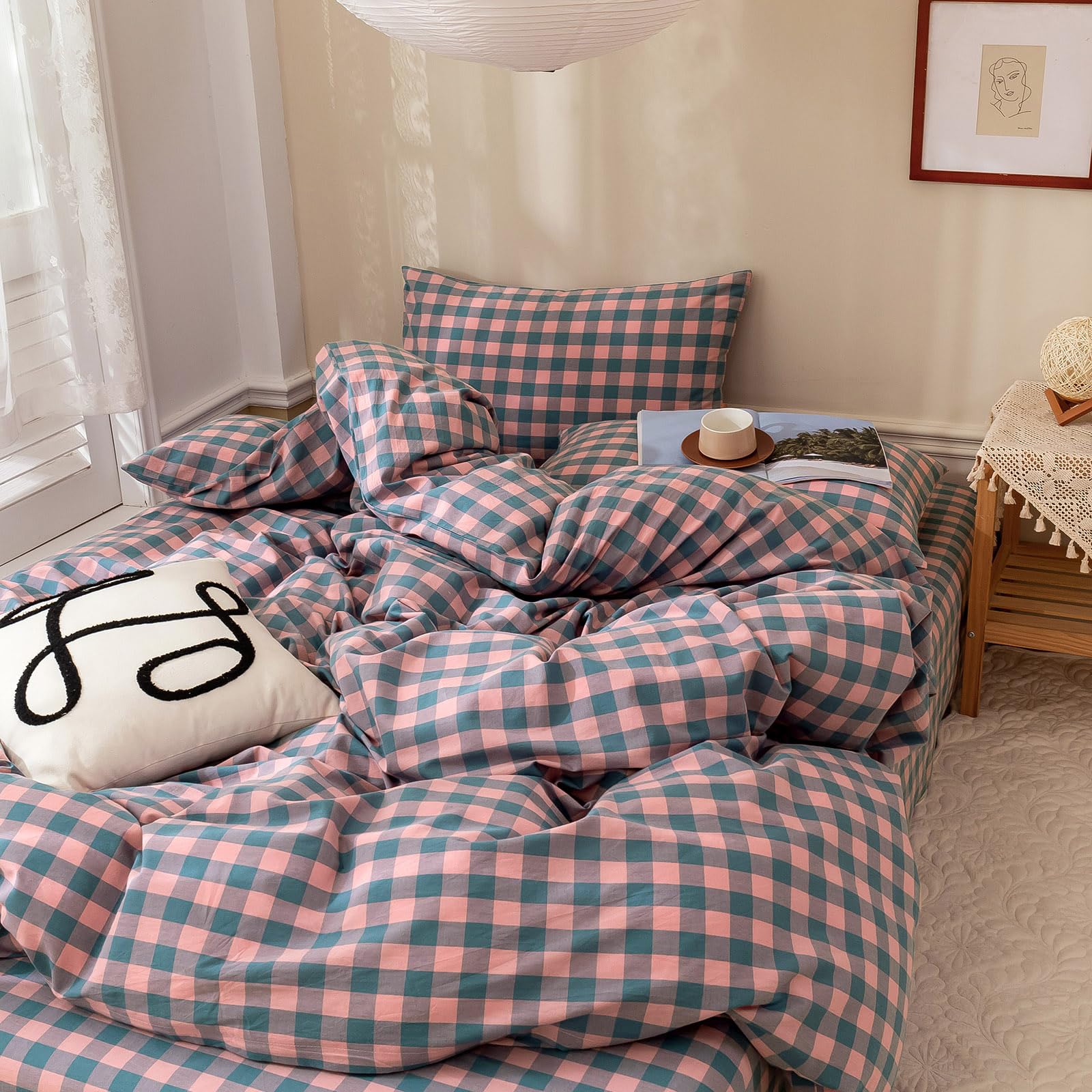 Amazon.com: VM VOUGEMARKET Purple Pink Plaid Bedding Set Queen 3