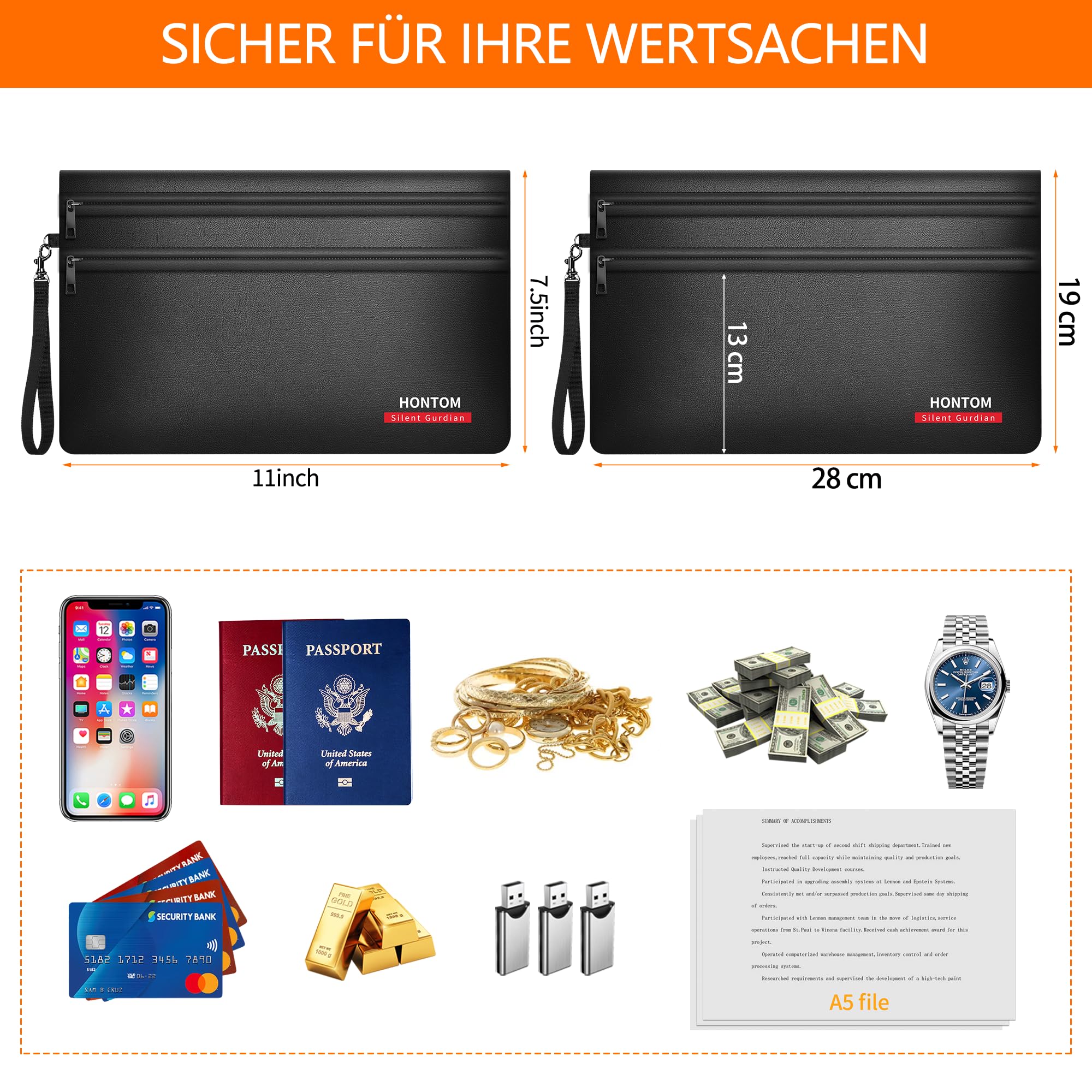 Hontom 2er Pack Geldtaschen Banktasche aus Kunstleder(28x19cm,6400℉) | 12-lagige Wärmedämmung Feuerfeste Tasche, Kleine Feuerfest Geldtasche mit Reißverschluss für Bargeld,Quittung,Reisepass