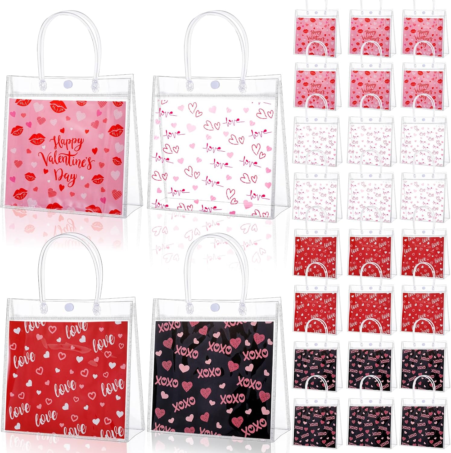 FOGWOWO 48 Pcs Valentine Gift Bags Valentines Clear Bags Plastic PVC Valentine's Day Heart Gift Bags with Button Handles Valentine Candy Goodie Bag for Wedding Holiday Party Wrapping Supplies