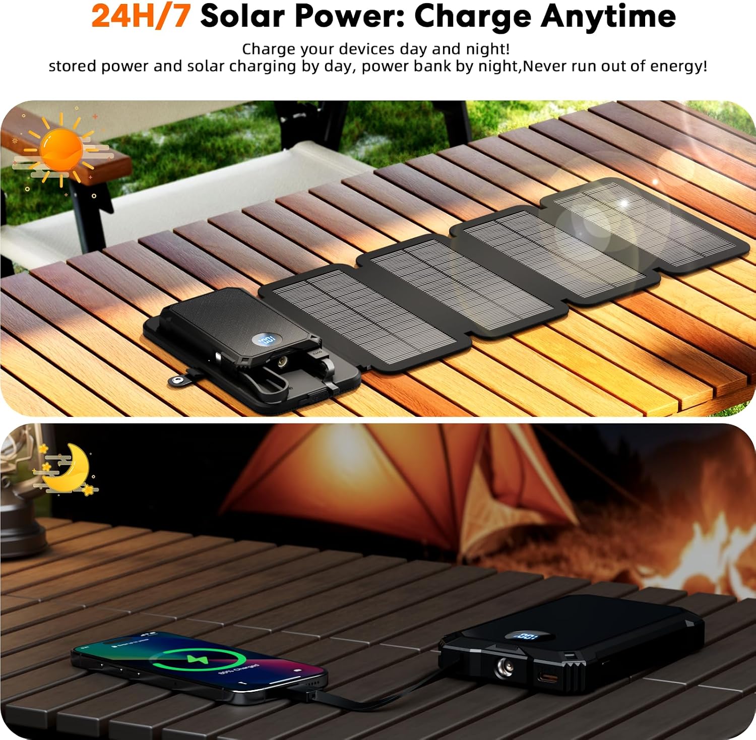 YELOMIN Solar Charger Power Bank 5000mAh with 4 Foldable Panels & 2 Built-in Cables, Wireless Portable Charger, Outdoor External Battery Pack with USB-C in/Output & SOS Flashlight for Camping Hiking thumbnail