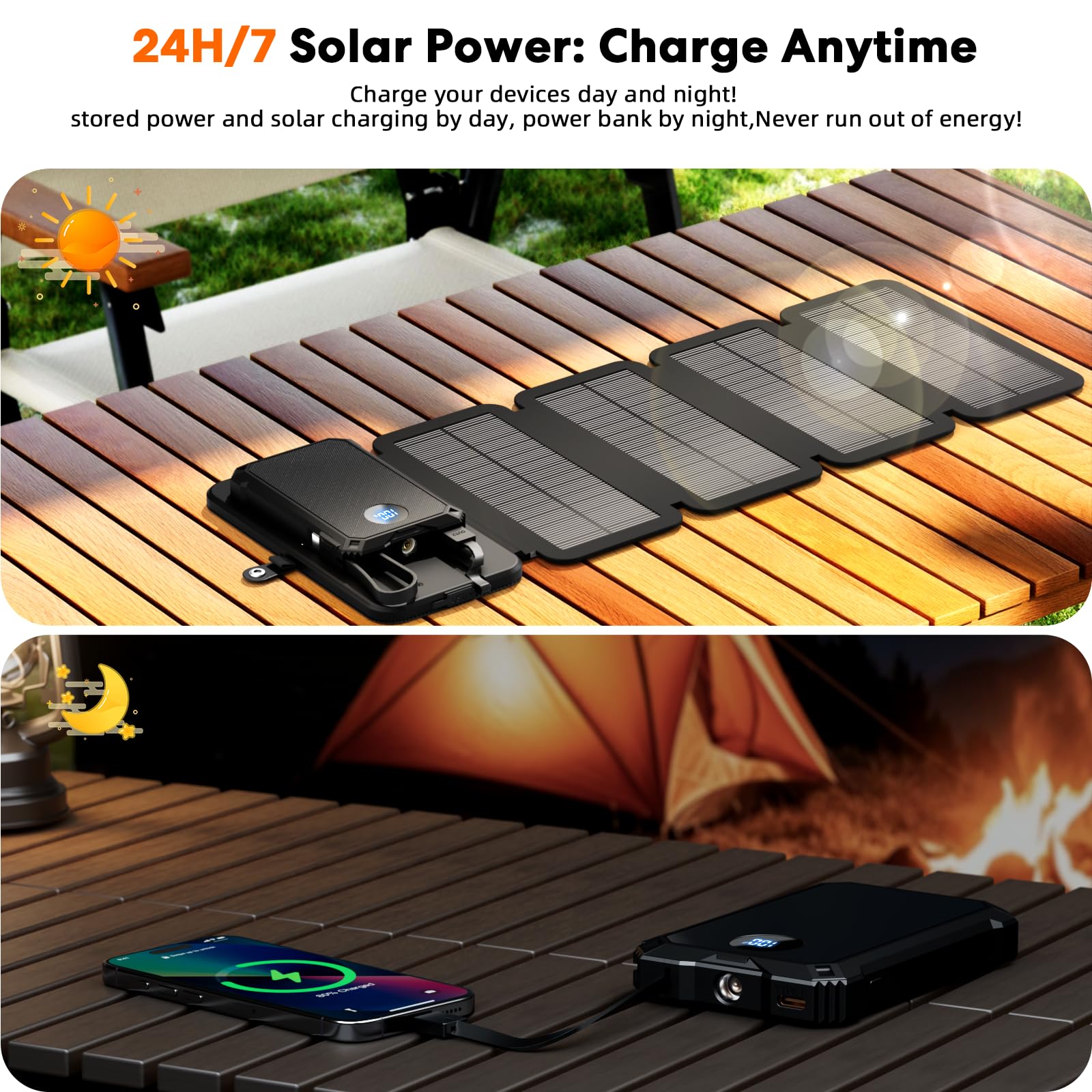 YELOMIN Caricatore solare Power Bank 5000 mAh con 4 pannelli pieghevoli e 2 cavi integrati, caricabatterie portatile wireless, batteria esterna esterna con USB-C/uscita e torcia SOS per campeggio