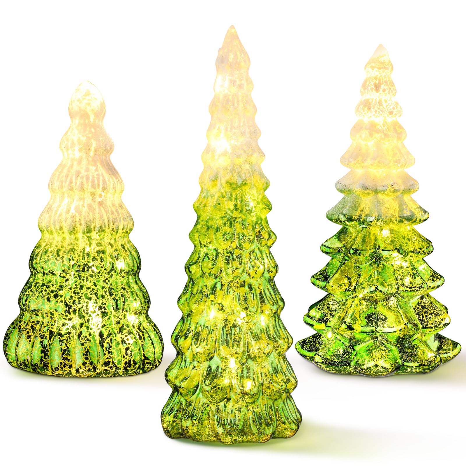 Funnymoom Confezione da 3 decorazioni per alberi di Natale in vetro sfumate illuminate con neve e glitter, regalo per casa, soggiorno, camino, tavolo, mantello, vacanze (verde)