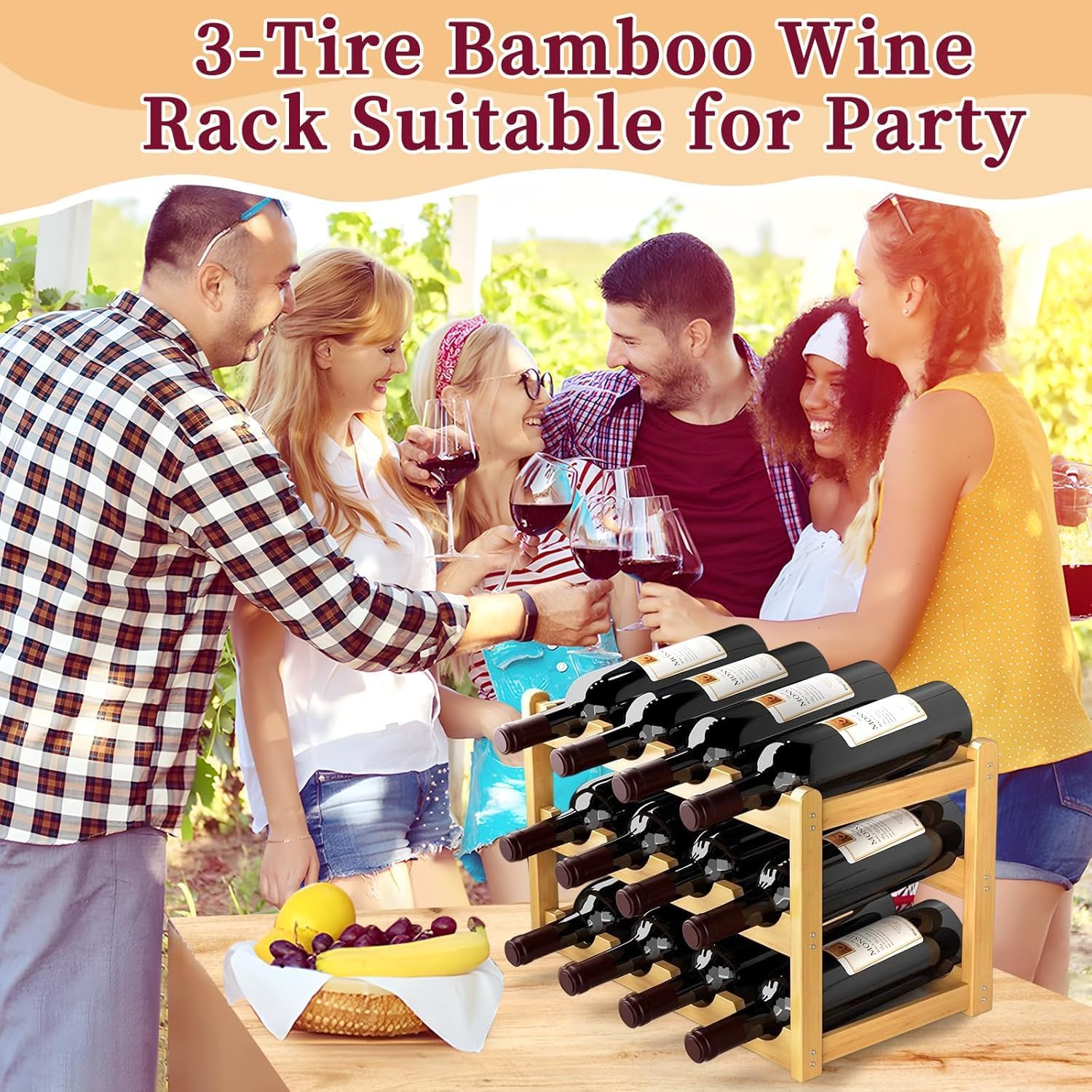 2 Pack Wine Racks, 3-Tire Bamboo Wine Rack, Wine Rack for Inside Cabinet 24 Bottles Wine Storage Holder Liquor Bottle Display Shelf Suitable for Bar,Home,Kitchen,Cellar Basement,Restaurant