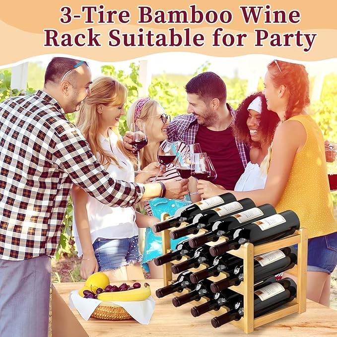 2 Pack Estante para Vino, 3 Niveles de Bambú, Soporte para 24 Botellas miniatura 5