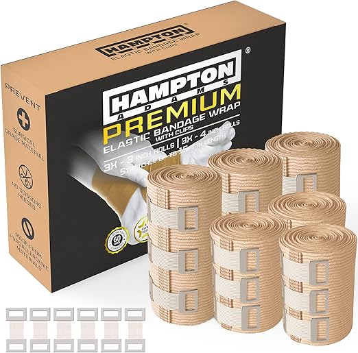 Hampton Adams | As Seen on Shark Tank | Original Elastic Bandage Wrap (6-Pack) | Multiple Sizes Package | Self Closing Latex-Free Cotton Compression Bandage | Sports Sprains Calf Ankle & Foot (Clips)