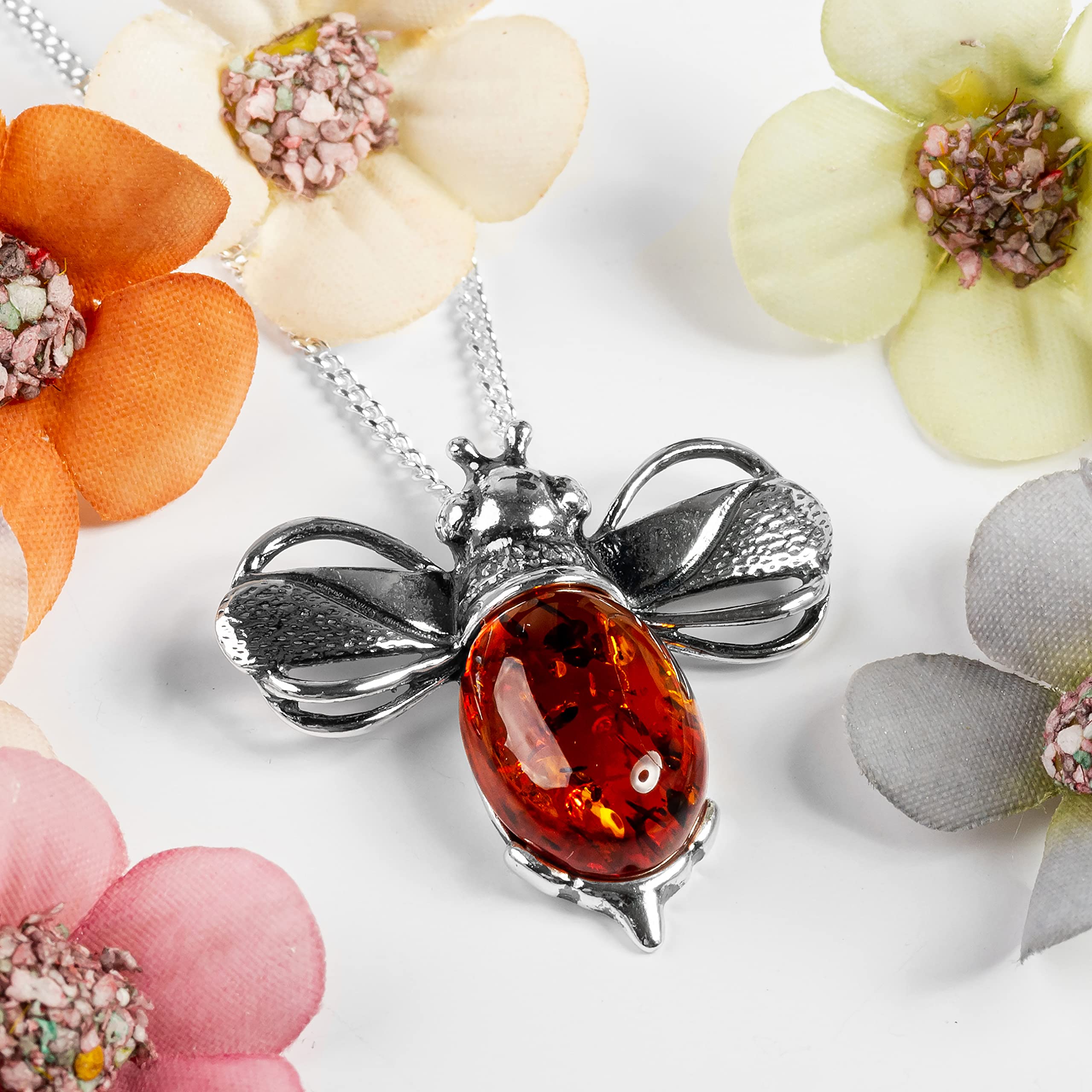 HENRYKA Hummel Baltischer Cognac Bernstein und Silber Halskette Anhänger, Statement Bienenkönigin Honigbiene Halskette, Bienenliebhaber Geschenk