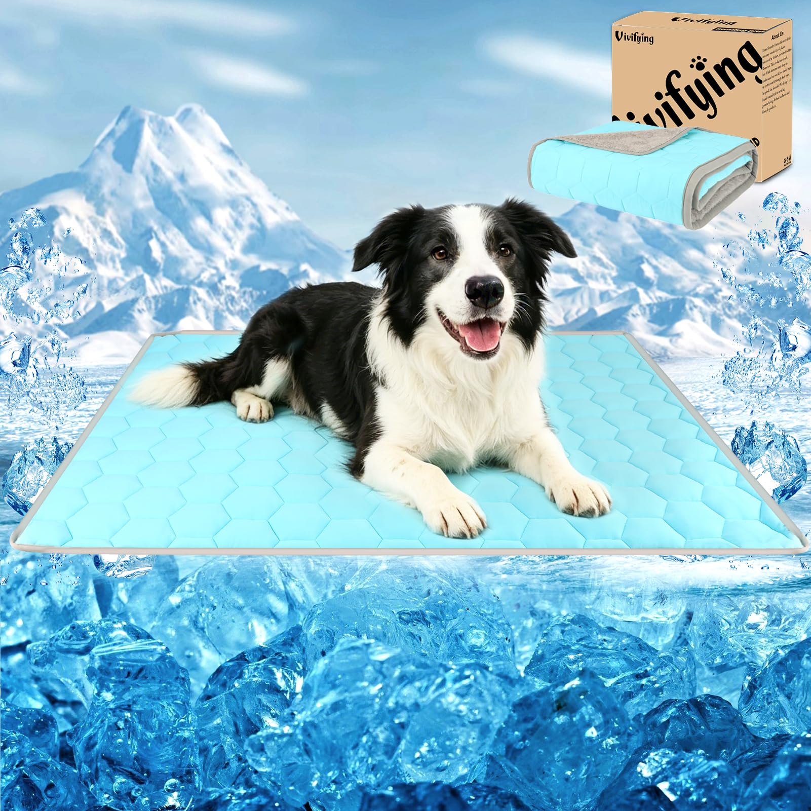Vivifying Dog Cooling Mat, 101x76cm Waterproof Reversible Pet Cooling Blanket with Ice Silk & Velvet – Year-Round Comfort for Dogs and Cats (L, Blue&Grey)
