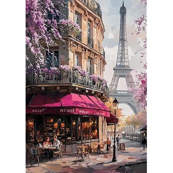 STYLER Canvas Picture Paris Corner 70 x 100 cm I Wall Picture Paris Eiffel Tower Cafe Spring Romance I Living Room Bedroom Office I Wall Decoration Colourful Elegant Modern I Made in Europe