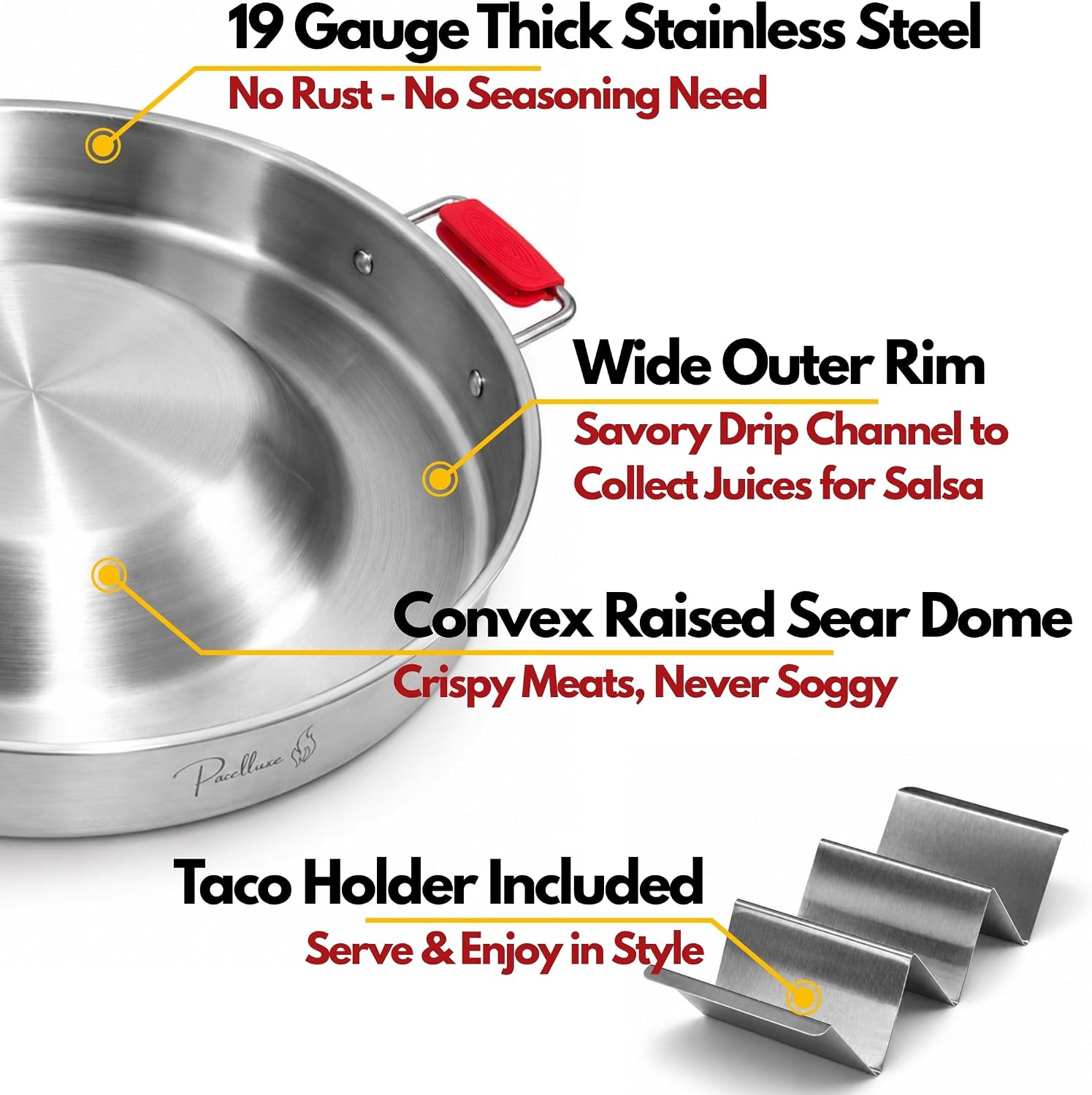 Paelluxe 20 Inch Convex Comal with Taco Holder – Stainless Steel Comal Panza Arriba for Tortillas, Tacos, Quesadillas, Gorditas, Carne Asada – Heavy Duty Mexican Griddle, Propane Burner Compatible