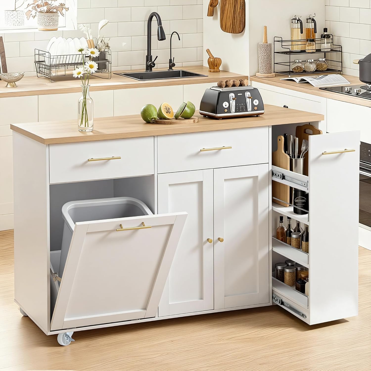 MAGIC UNION 52" Kitchen Island with Hidden Trash Can Storage, Moveable Portable Island Table for Kitchen, Rolling Kitchen Islands Cart w/Pull-Out Shelves, Drawers, Adjustable Shelf