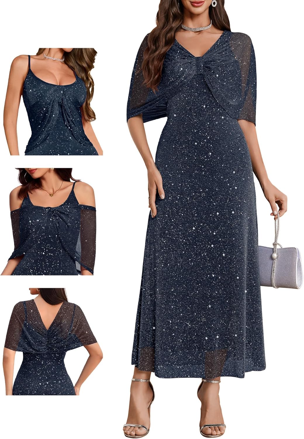 BeryLove Sequin Formal Cocktail Long Dress Evening Wedding Guest Mother of The Bride Dresses with Shawl