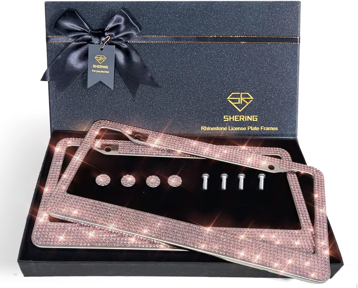 SHERING Bling License Plate Frame, 2 Pack License Plate Frame with Premium Gift Box for Women,Rhinestone License Plate Frames with 1100pcs Rhinestones (Pink Rhinestones)