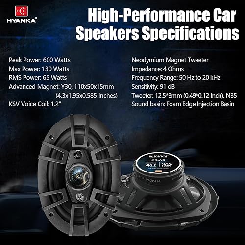 Vista 5 de H YANKA ES-69 - Altavoces de coche de 6 x 9, audio coaxial de rango completo de 600 W, sonido estéreo claro, sin distorsión, perfecto