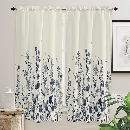 Kitchen Curtains 2 Panels Rod Pocket Tier Curtain Retro Sketch Floral Art Window Valance,Light Filtering Window Treatment Flowers Botanical