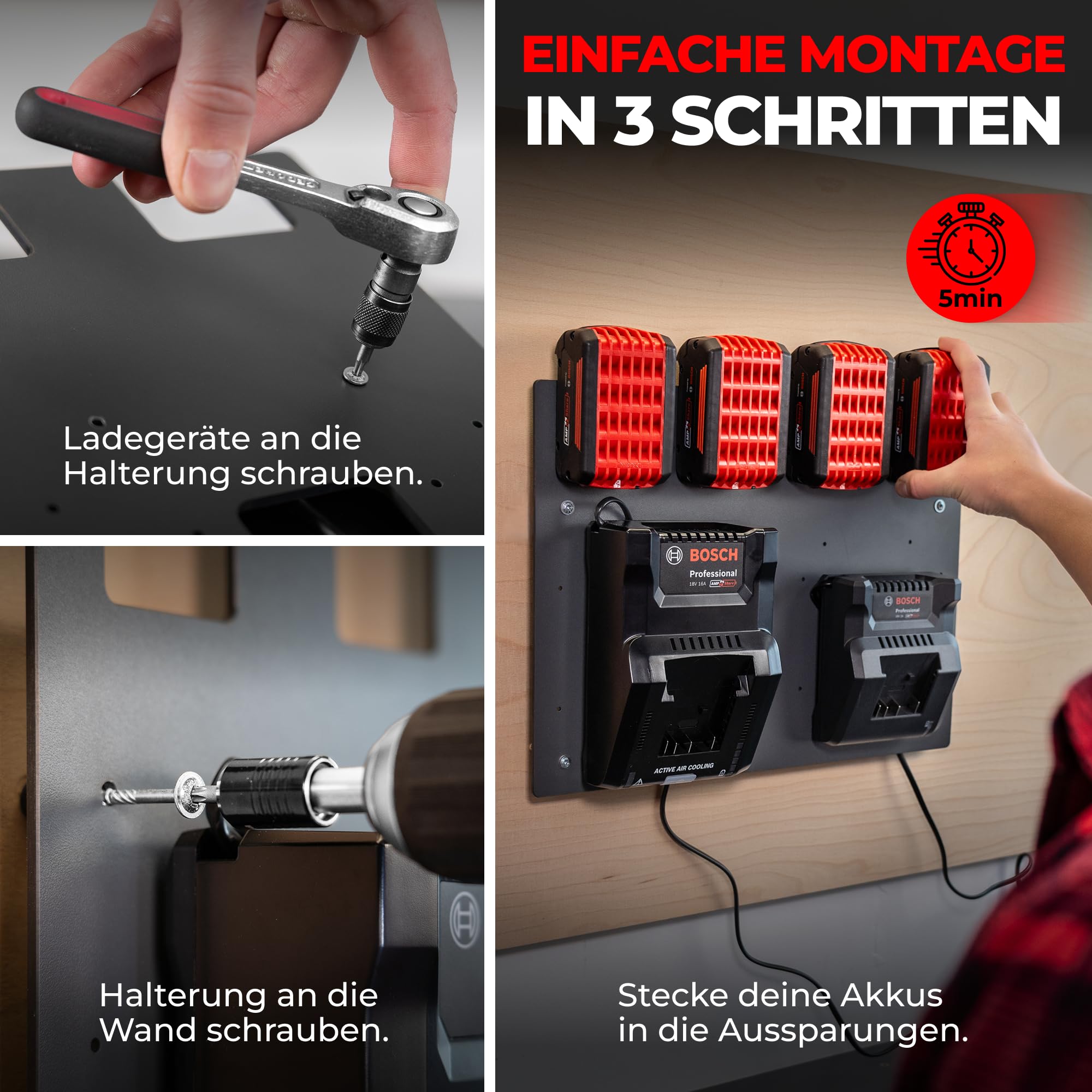 Wandfest® Wandhalterung für Bosch Akkus und Ladegeräte - Das Original | inkl. Befestigungsmaterial [Made IN Austria] Bosch Akku Halterung für 1-4 Akkus | Jetzt mehr Ordnung in Werkstatt und Garage