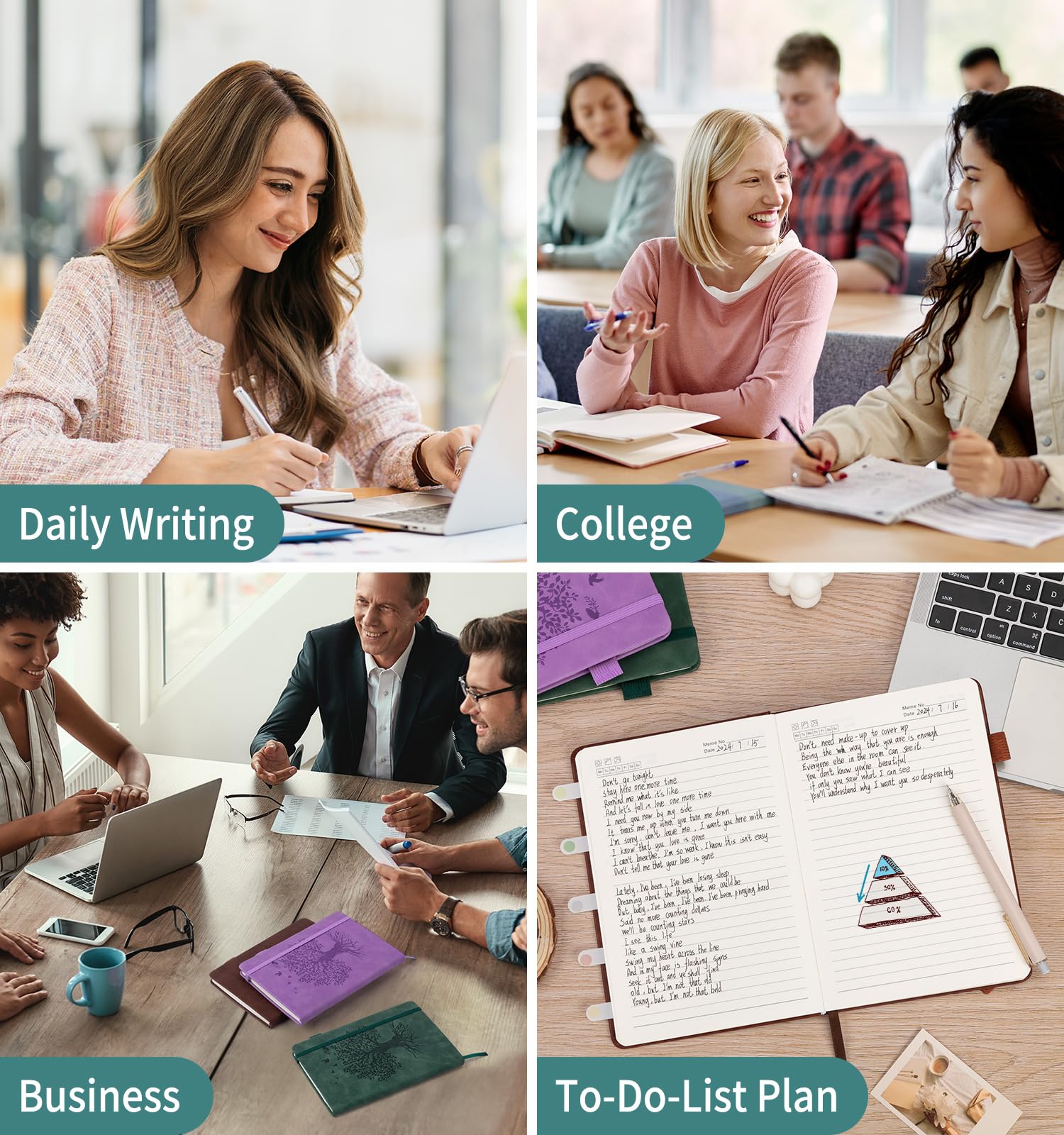 Confezione da 6 quaderni a righe per donne e uomini, A5, con copertina rigida in pelle per scrivere, 200 pagine di carta spessa, diario giornaliero per lavoro, scuola, prendere appunti, affari, viaggi