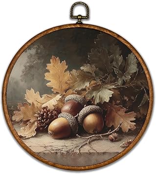 BCUANGD Vintage Fall Round Wall Art Decor - Retro Autumn Moody Fall Wall Art Canvas Frame Artwork Prints, Rustic Cottagecore Nature Round Wall Hanging Decorations for Home Bedroom, 10"x10"