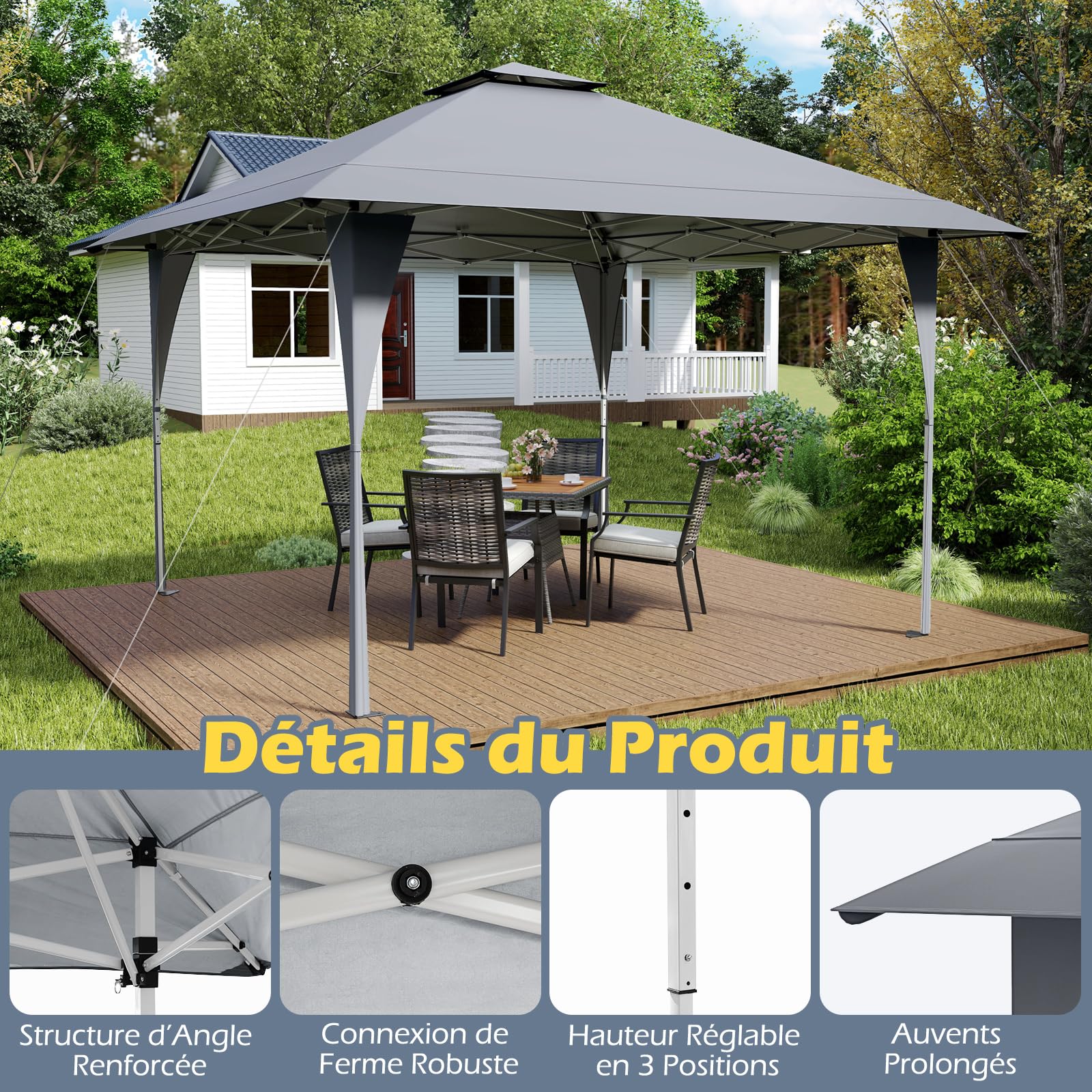 RELAX4LIFE Tonnelle Pliante 4x4 Imperméable, Tonnelle de Jardin Extérieur, Tissu Oxford Résistant, Cadre Métallique Revêtu, Protection Solaire, Barnum Pliant Facile à Monter pour Terrasse Patio (Gris)