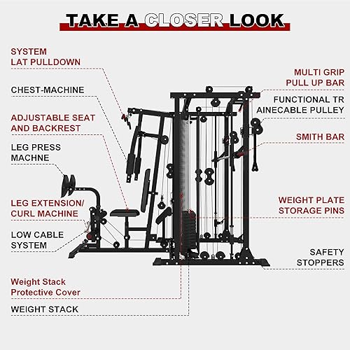 Miniatura 9 de Equipo multifuncional de entrenamiento para gimnasio en casa, máquina todo en Smith con pila de peso de 150 libras y cruce de cables, prensa de