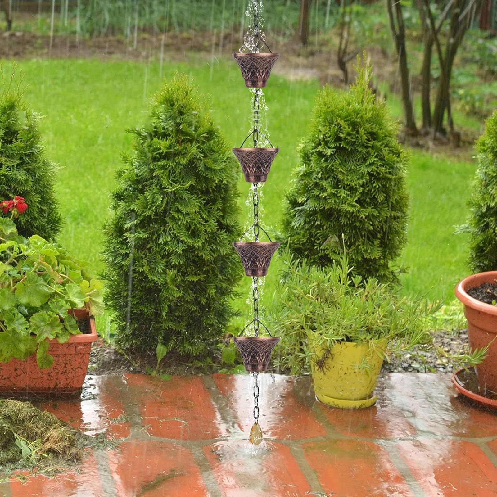 Cadenas de lluvia | Extensión de drenaje decorativa de 9 pies, cadena de lluvia de cobre de 12 tazas | para jardín al aire libre, techo, cenador, toldo, árbol
