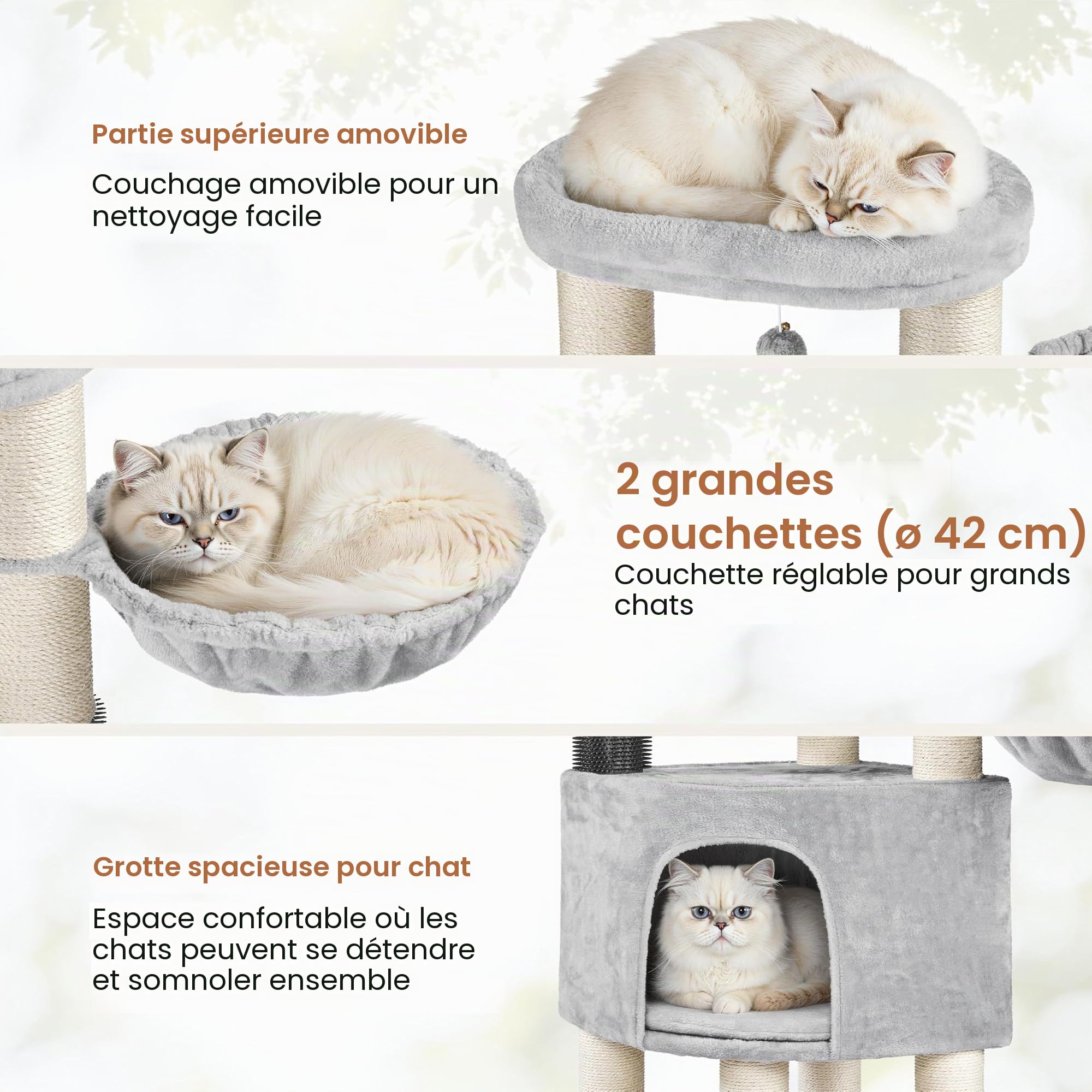 Yaheetech Grand Arbre à Chat avec Griffoirs, Niche, Paniers, Perchoir, Jouets Brosse pour Chat 25 KG, 56×56×160 cm, Poteaux en Sisal 11 cm Ø, Tour de Jeux Solide pour Les Maine Coons Gris Clair/Beige