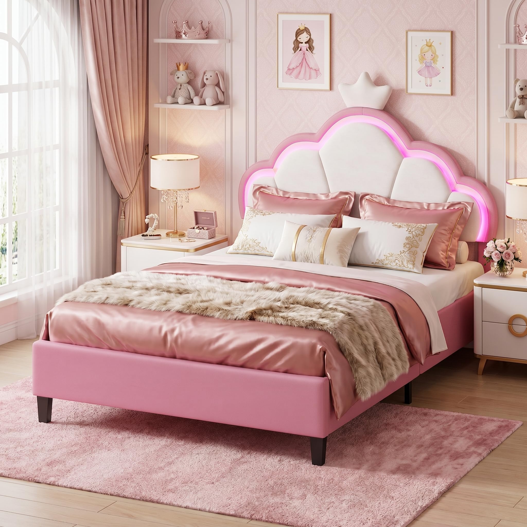 Double Bed Frame for Girls,Pink Princess Kids Upholstered Bed with Crown Shaped RGB LED Headboard,Height Adjustable Headboard & Wooden Slats,Children’s Bedroom Furniture (White + Pink, 135x190 CM)
