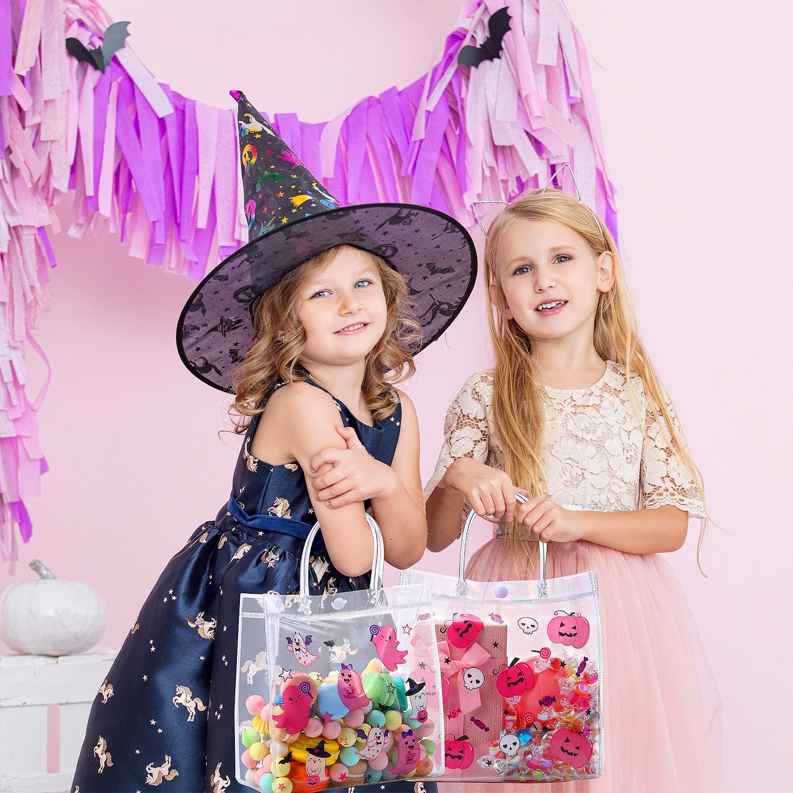 24Pcs Pink Halloween Clear PVC Gift Party Bags With Handles Bulk Boo - View #4