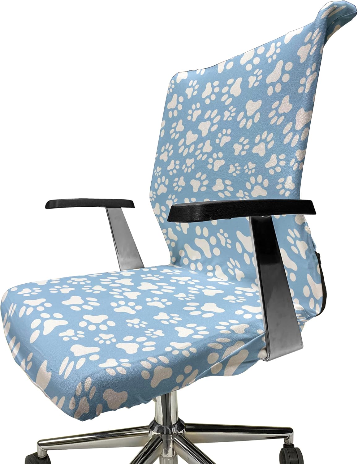 Ambesonne Paw Print Office Chair Cover, Animal Themed Pattern with Pet Foot Marks on Blue Toned Background Print, Stretchable Decorative Universal Size High Back Printed Slipcover, Ice Sky Blue