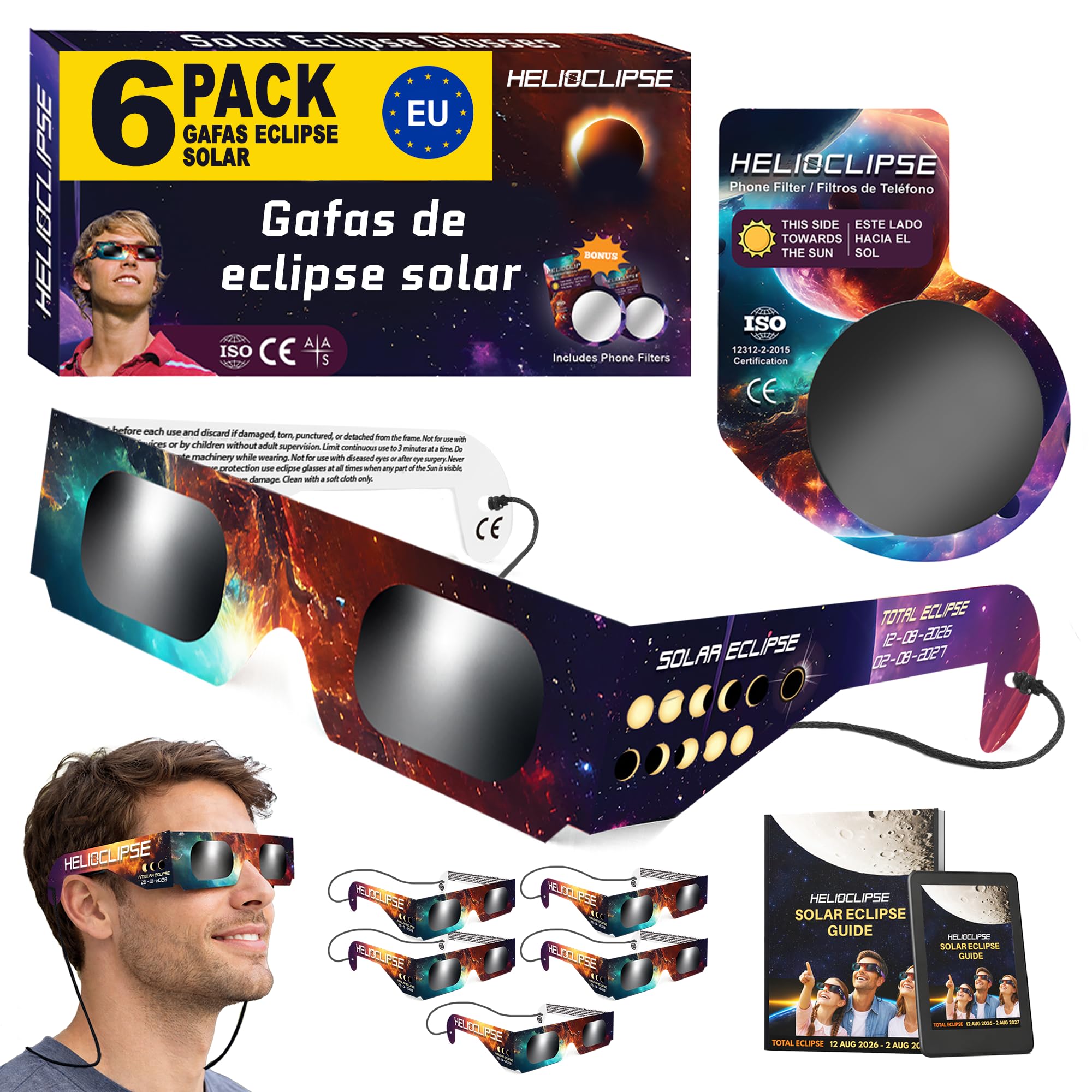 Helioclipse 6 Gafas Eclipse Solar Homologadas ISO 12312-2 CE para Ver Eclipse Solar 2026, Gafas de Eclipse Solar Seguras Certificadas