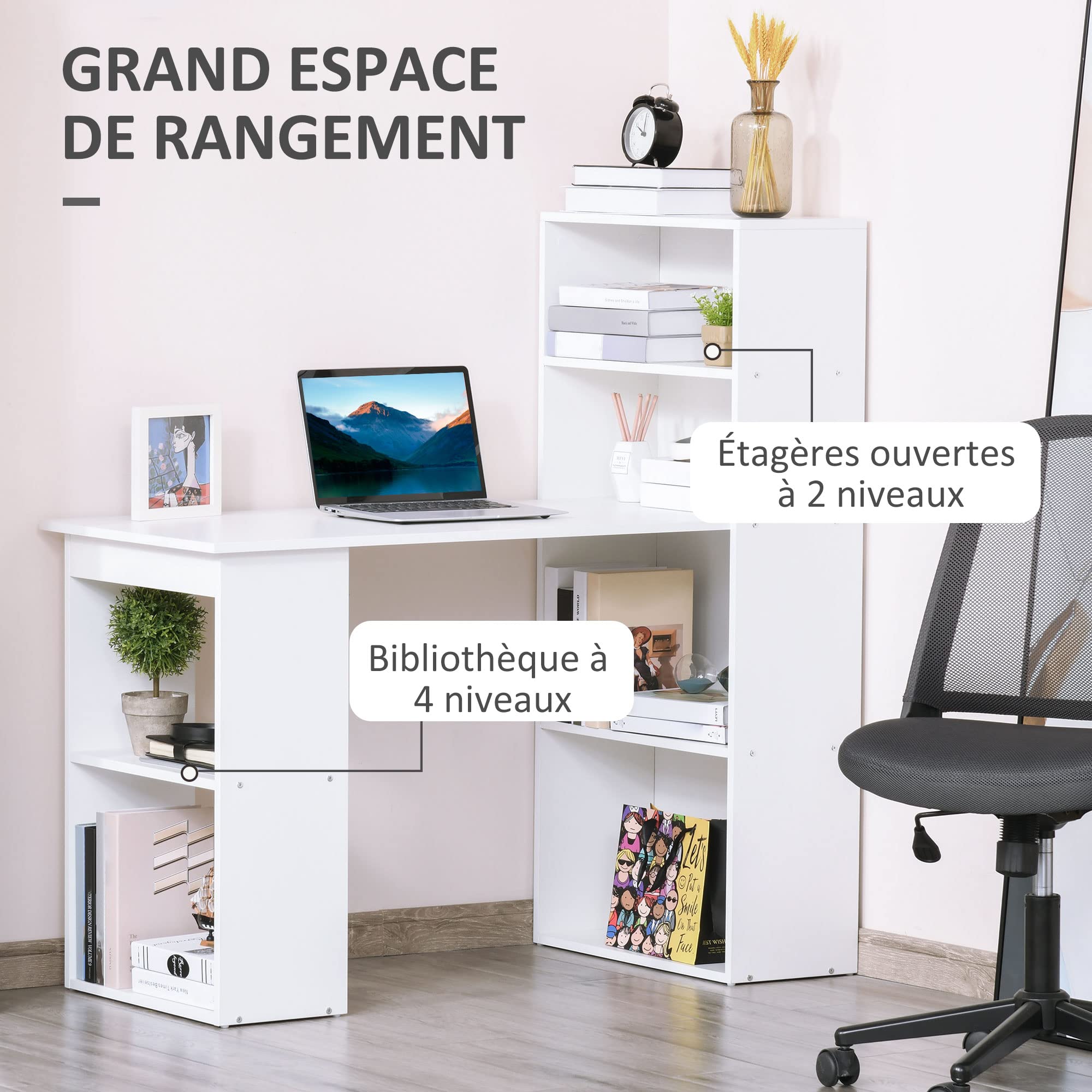 HOMCOM Bureau Informatique Bureau avec Rangement 120 x 55 x 120 cm Blanc | 6 Compartiments Ouverts, Table d'Ordinateur pour Chambre, Studio