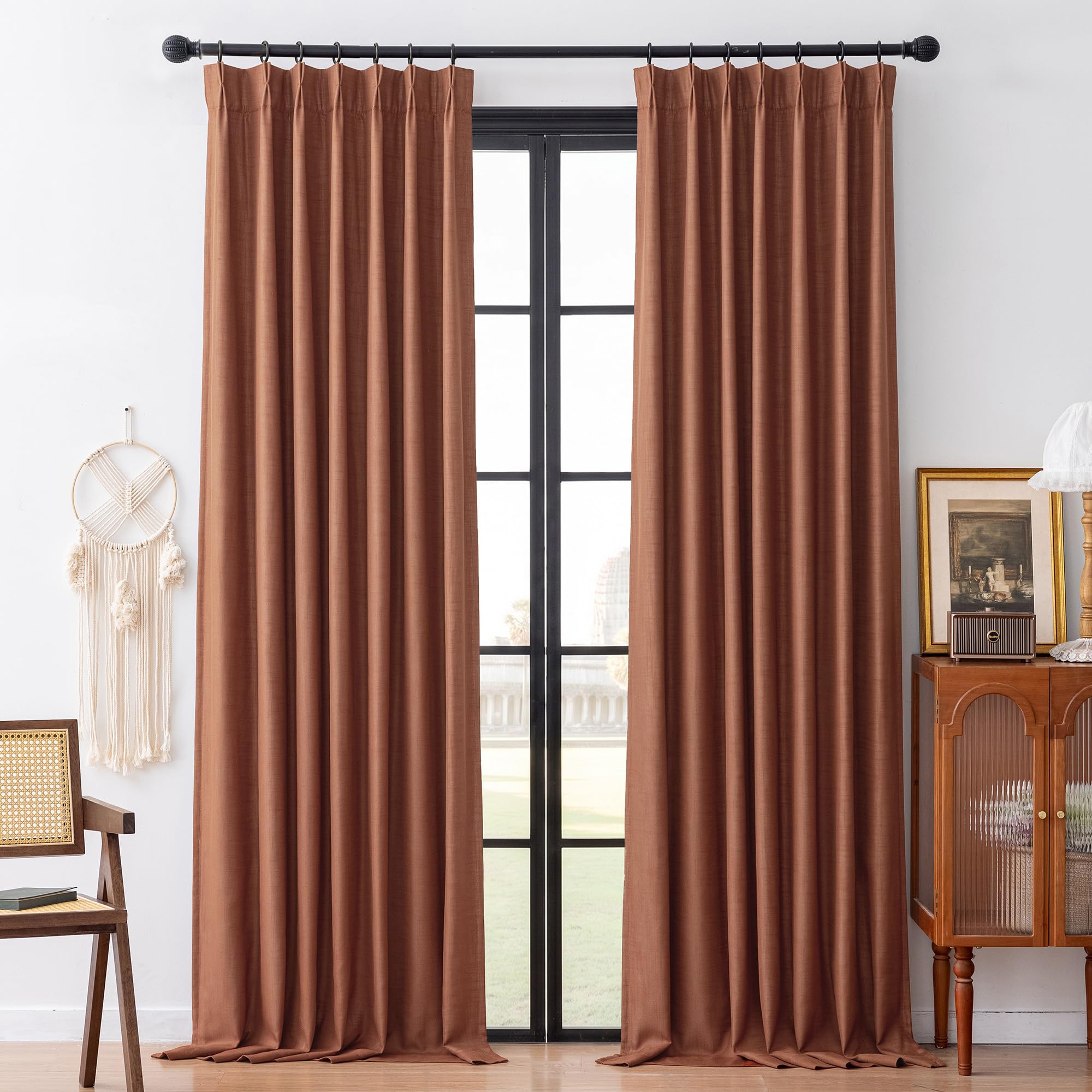 MYSKY HOME Terracotta Linen Pinch Pleated 100% Blackout Curtains,2 Panels