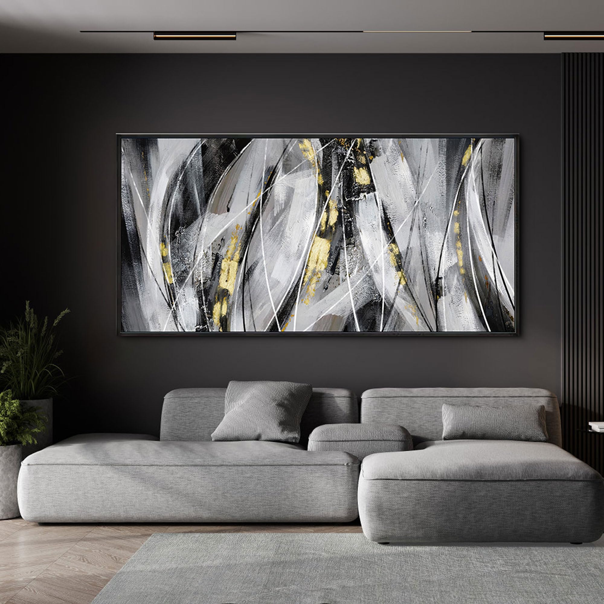 klakla abstract frame wall art - black and white picture for living room black and gold framed artwork canvas art work for office home decor bedroom wall decoration - 48x24 inches