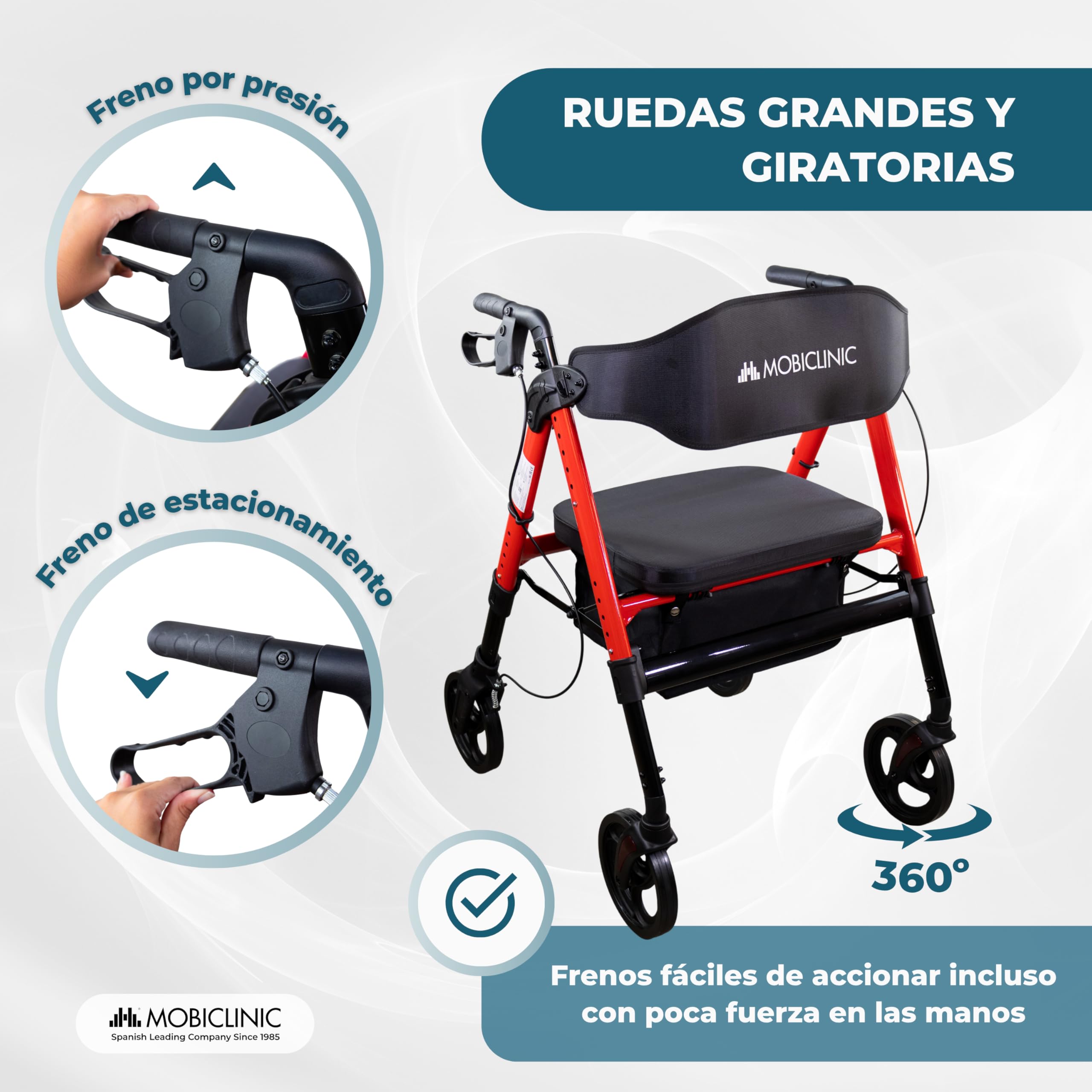 Mobiclinic®, Andador Bariátrico, Hasta 204 Kg, Plegable, Extra Ancho, Manillar y Asiento Regulable, Ruedas 360º, Respaldo, Cesta XL, Aluminio Reforzado, Madeira