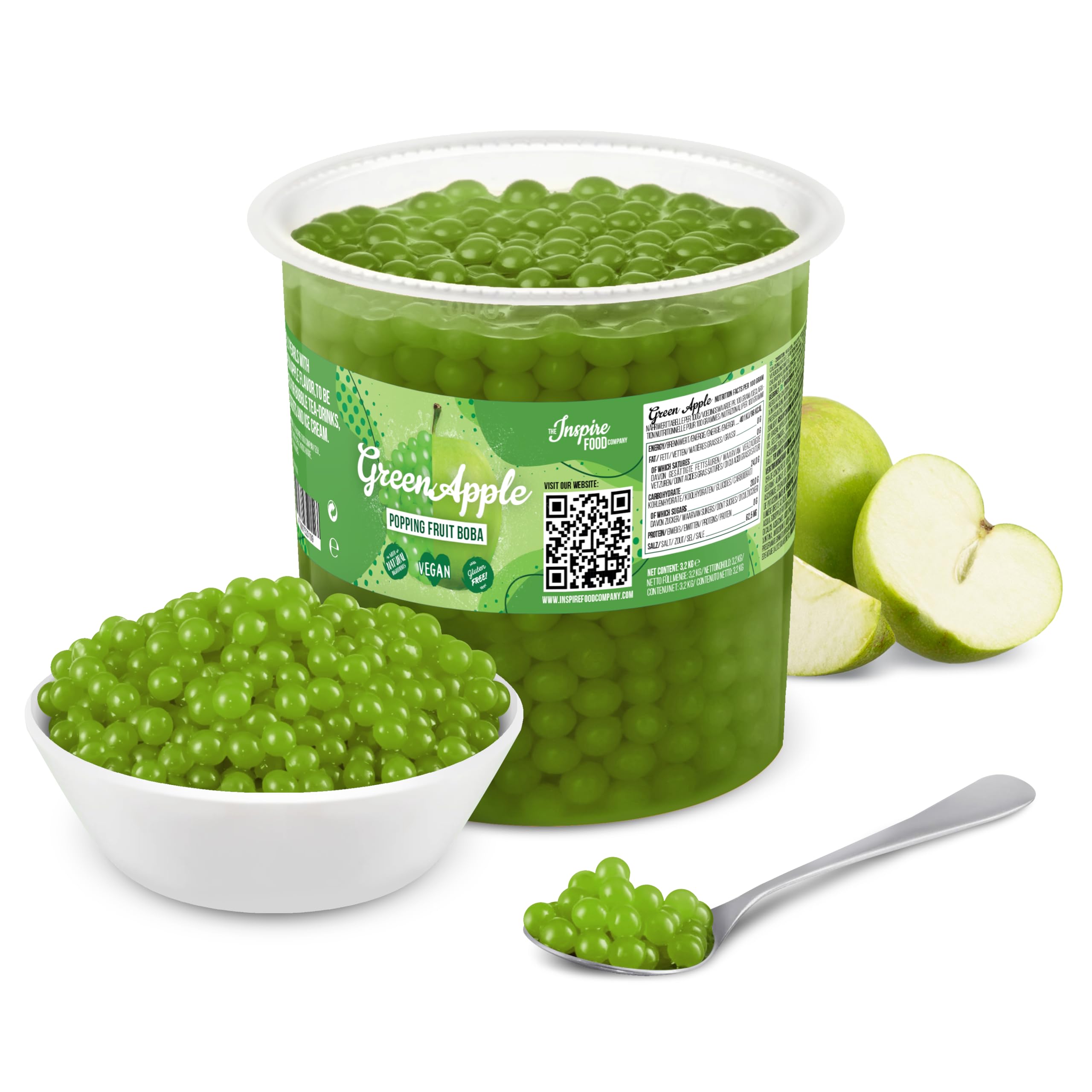 The Inspire Food Company Popping Boba Pearls for Bubble Tea - 3.2KG | Green Apple | Bursting Pearls Bubble | Real Fruit Juice For Shakes, Smoothie | 100% Vegan & Glutenfree, No Artificial Colors