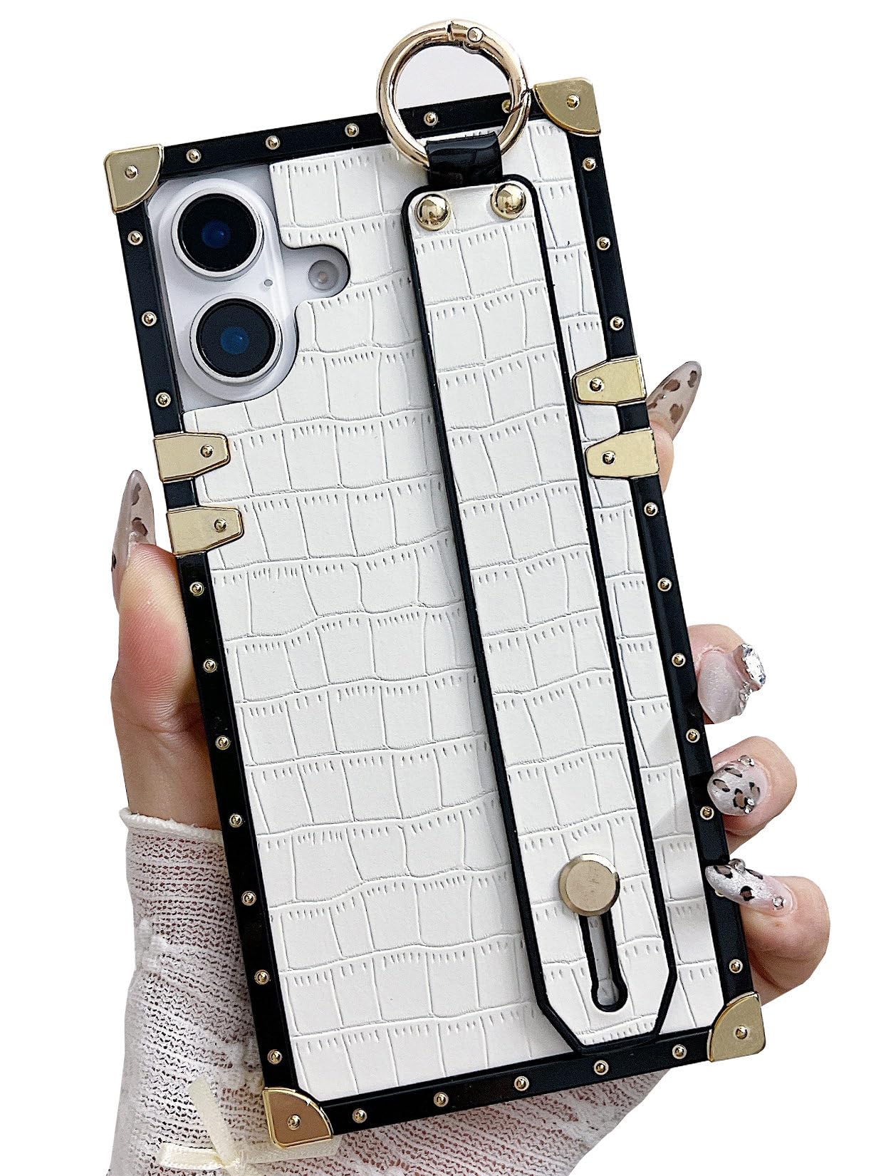 Dropcases Compatible with iPhone 16 Plus Case Luxury Designer for Women Girls,Rectangle Crocodile Leather with Wrist Strap Kickstand Holder Protective