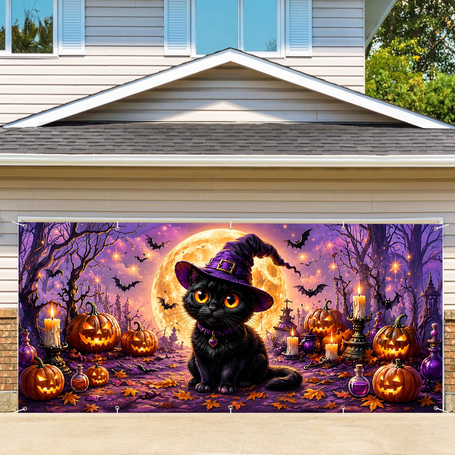 7 x 16 ft Blacklight Witch Cat Halloween Garage Door Decorations Halloween decorations Door Cover, UV Reactive Hanging Banner for Home, Outdoor, Indoor, Spooky Party, Wall, Window