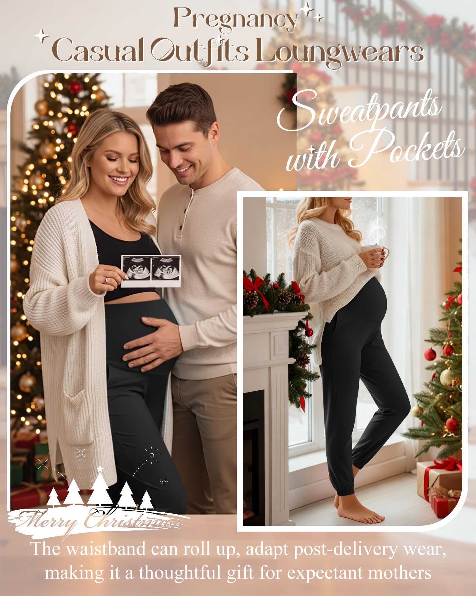 Neer Confezione da 3 pantaloni premaman da donna sopra la pancia, elasticizzati, pantaloni casual da salotto con tasche
