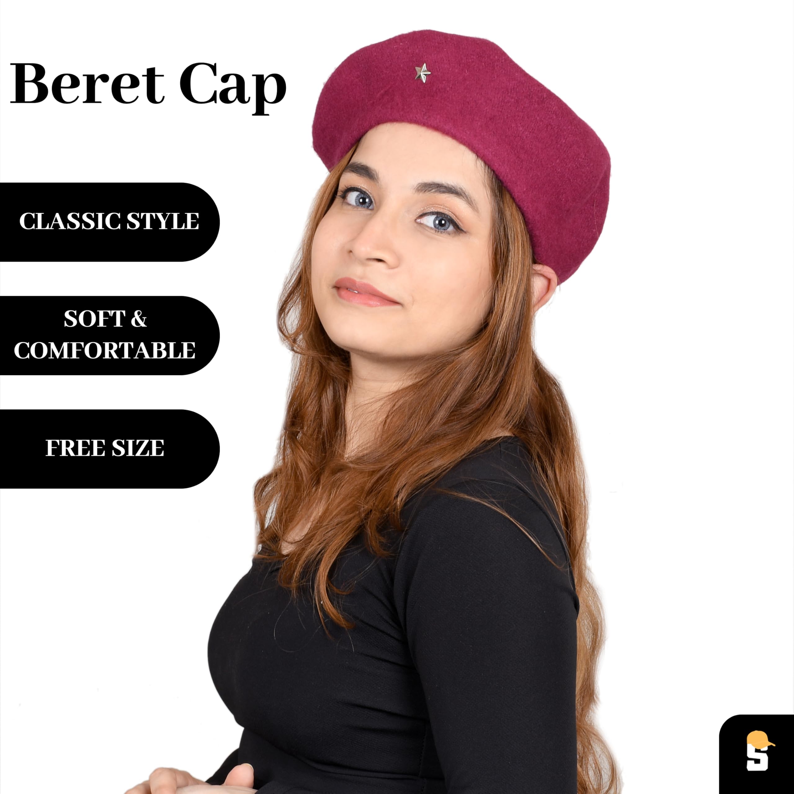SOUL eTHICS Women's Premium Wool Blend French Artist Beret Cap - Stylish, Warm & Classic - Elegant Winter Beanie Hat for Girls & Ladies -Free Size (in, Alpha, Free Size, Dark Pink, Star) - Image 3 thumbnail