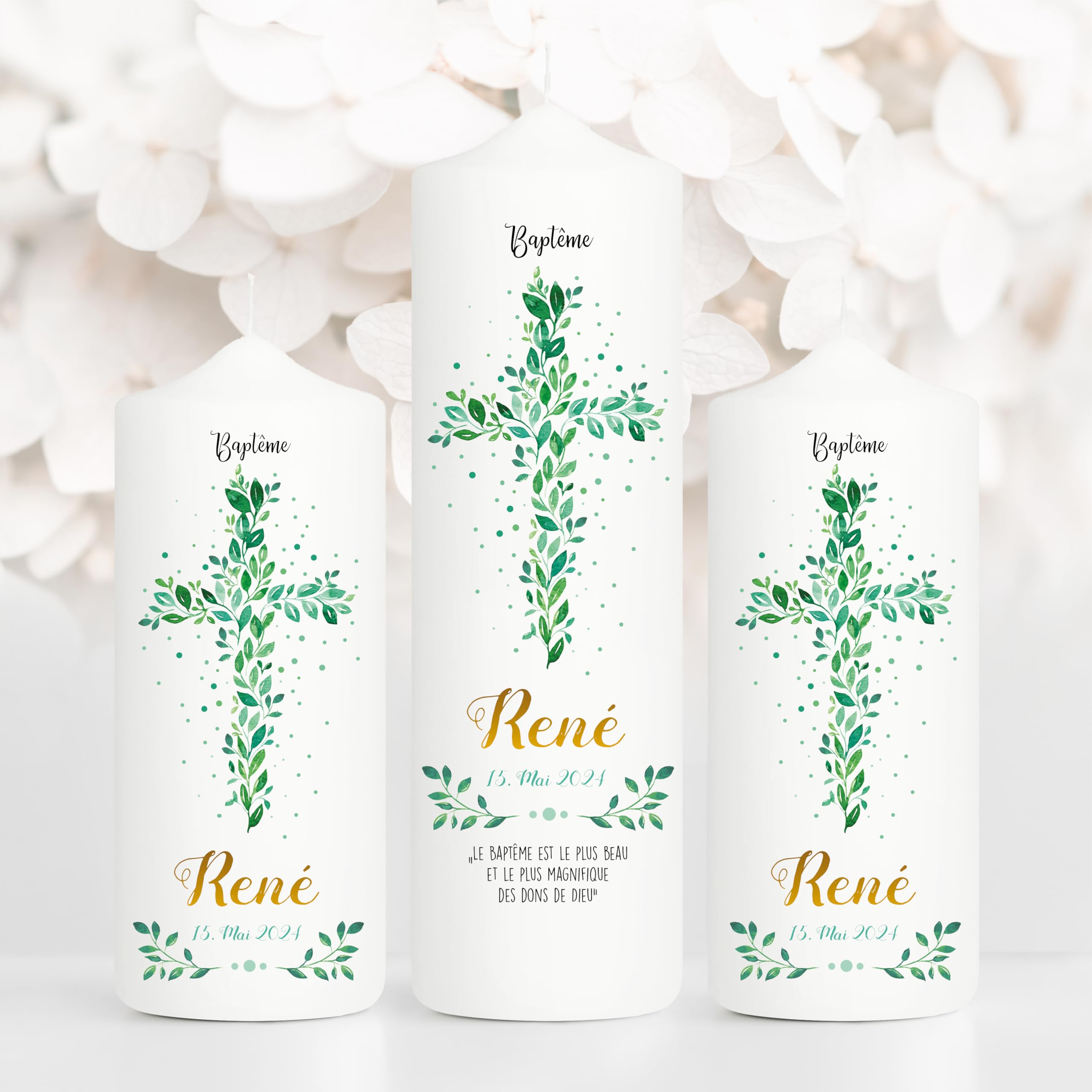 Bougie Baptême personnalisée Fille Garçon motif Croix florale verte – 1 cierge de baptême + 2 bougies parrain/marraine – 25 x 7 cm