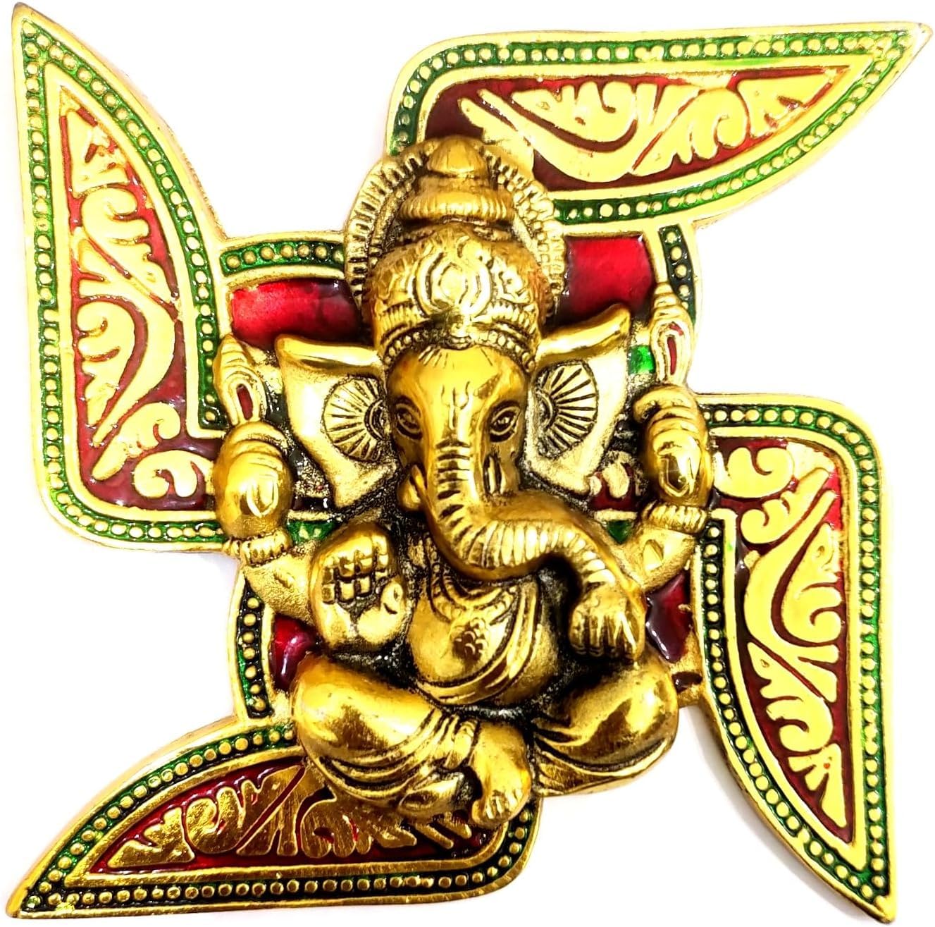 Ganesh sculpture murale en métal Swastik art décoratif or et rouge pour maison moderne