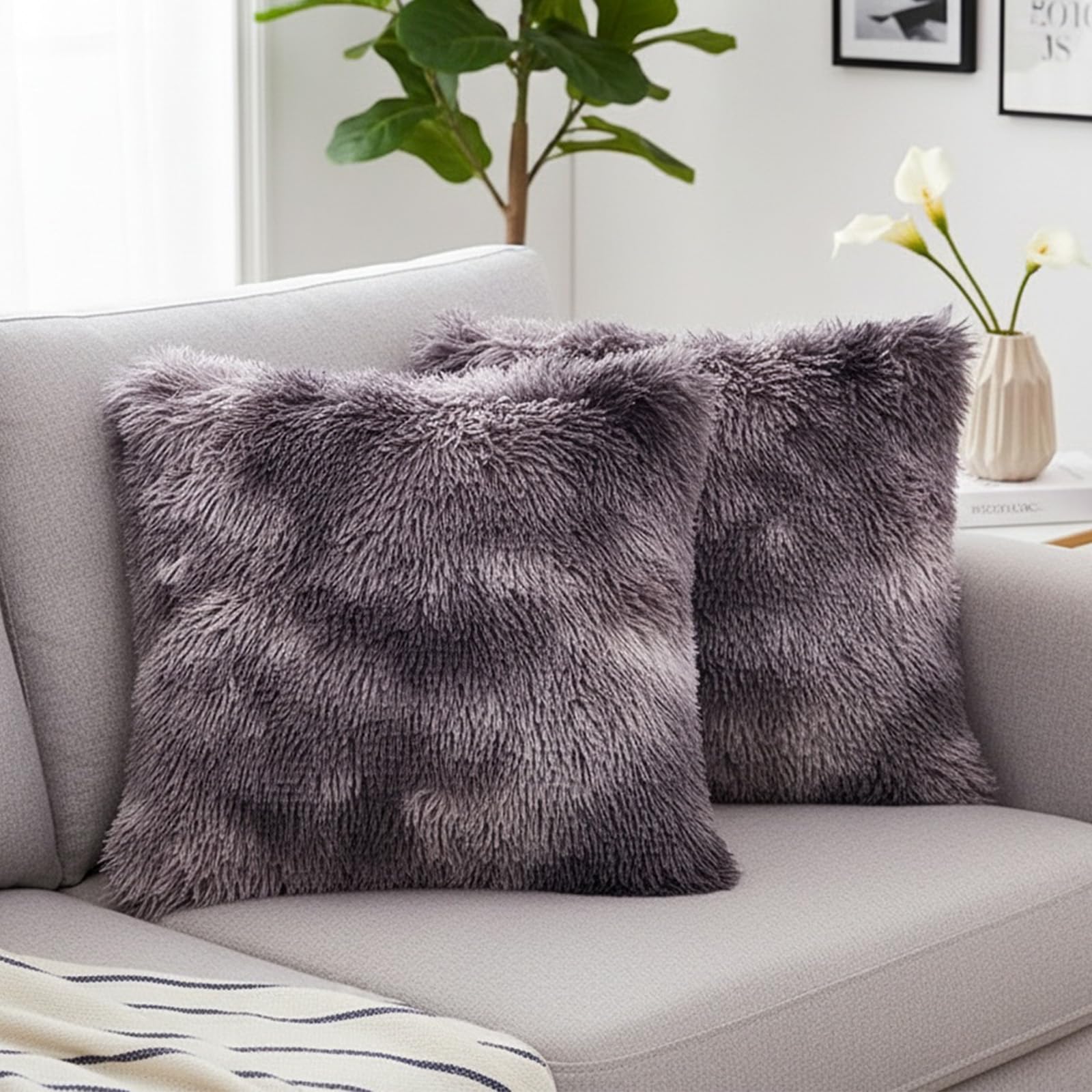 Xqzbmt 2-Pack Faux Fur Cushion Covers 45x45cm - Grey Ombre Fluffy Pillow Decor, Soft Plush Cushion Covers Only for Sofa & Bedroom 18x18inches
