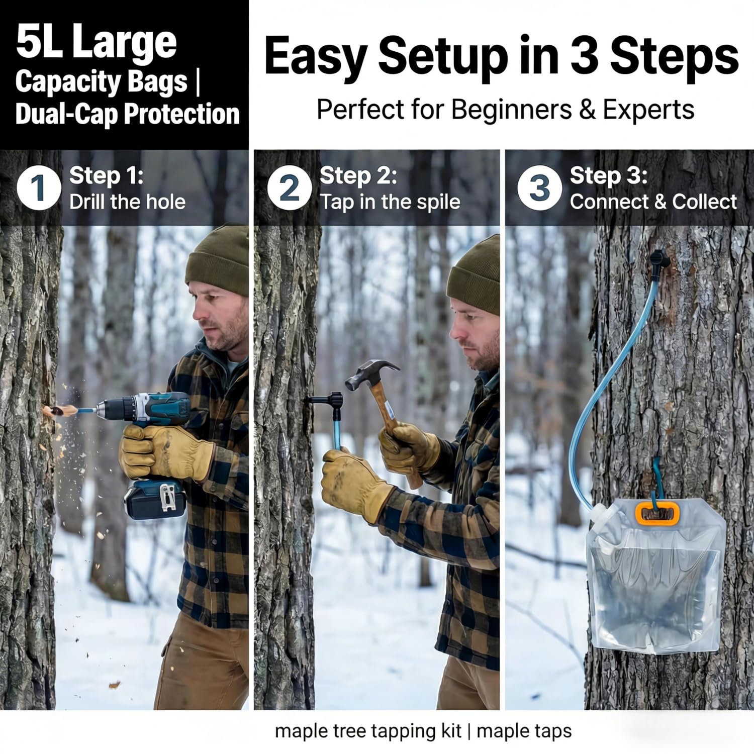 Maple Syrup Starter Kit & Maple Tree Tapping Kit - 10 Sets Complete System with Corrosion-Resistant Spiles, 3.28ft Tubing & 5L Bags | High-Yield Harvesting