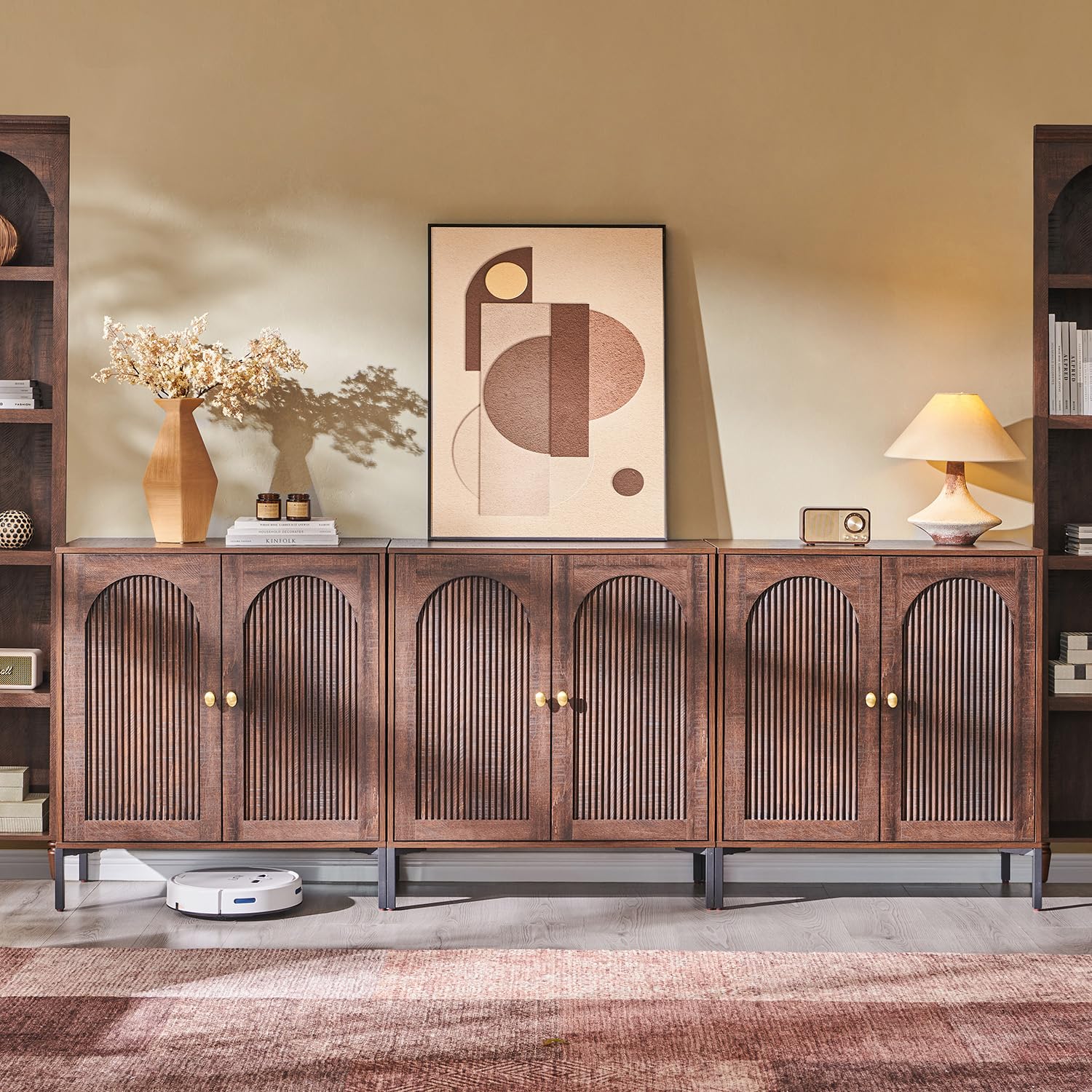 IFGET Modern Buffet Cabinet with Storage, 92.63" W Fluted Arched Sideboard Cabinet w/Adjustable Shelves, Wooden Modular Coffee Bar for Dining Room,