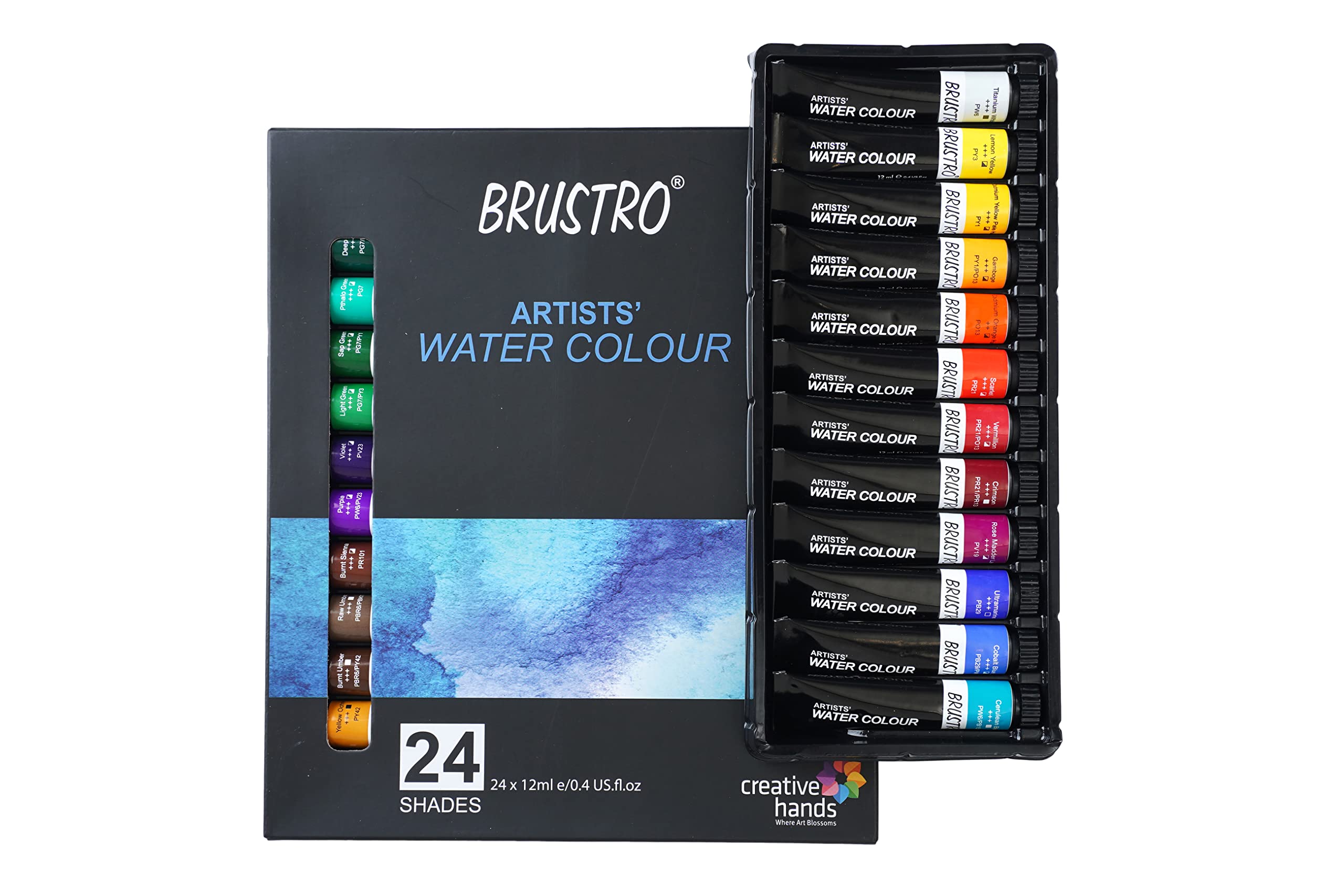BRUSTRO Künstler-Aquarell-Set mit 24 Farben x 12 ml Tuben und 1 Aqua-Squeeze-Pinsel mit Fabriano-Studio-Aquarellblock, 18 x 24 cm